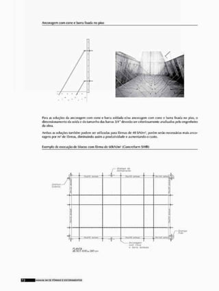 Ancoragem com cone o barra fixada no piso
Para as soluções da ancoragem com cone o barra soldada e/ou ancoragem com cone e barra fixada no piso, o
dimensionainento da solda e do tamanho das barras 3/4" deverão ser criteriosamente analisados pelo engenheiro
da obra.
Ambas as soluções tambáln podem ser utilizadas para fôrmas de 40 kN/m', porâm serão necessárias mais anco-
ragens por m J de fôrmas, diminuindo assim a produtividade e aumentando o custo.
fixem pio de execução de blocos com fôrma de GOkN/m3 (Concreform S H ® )
PLANTA v n""a Sol<la<i'3
HÍÕCO SAGx.íÊQem
M A N U M VIL D£ F Ô R M A S £ E S C O R A M E N T O S
 