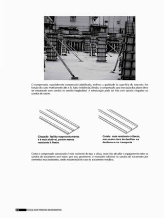 O compensado, especialmente compensado plastificado, melhora a qualidade da superfície tio concreto. £m
função do custo relalivamenie alio o d.i baixa resistência à flexão, o compensado para execução cios pilares deve
ser estruturado tx>m sarrafos no sentido longiuidinal. A estruturação pode ser feila com sarrafos chapados ou
sarrafos do culclo:
Chapado: facilita re aproveitamento
e é mais durável, porém menos
resistente à llexão
Cutelo: mais resistente à flexão,
mas maior risco de danificar na
desforma e no transporte
Como o compensado estruturado 6 mais resistente do que a tábua, neste lipo do pilar o espaçamento enire os
sarrafos do travamento será maior; por isso, geralmente, 6 necessário substituir os sarrafos de travamento por
elementos mais resistentes, sendo recomendável o uso de travamento metálico.
l i MANLMU SM DE F Ô R M A S £ E S C O R A M E N T O S
 