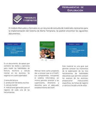 SISTEMA DE ALERTA TEMPRANA
El módulo Manuales y Formatos es un recurso de consulta de materiales necesarios para
la implementación del Sistema de Alerta Temprana. Se podrán encontrar los siguientes
documentos:
HERRAMIENTAS DE
EXPLORACIÓN
Es un documento de apoyo que
contiene los textos y ejercicios
para medir las habilidades de
lectura, escritura y calculo
mental en los alumnos. Se
organiza en cuatro apartados.
1.toma de lectura
2. producción de textos escritos
3. calculo mental
4. indicaciones generales para el
registro de cada una de las
herramientas.
Manual tiene como propósito
dar a conocer que es el SisAT,
sus componentes, incluyendo
el sistema informatico, asi
mismo permite orientar a los
supervisores, directores y
docentes para el adecuado
establecimiento del SisAT.
Este material es una guía que
permite conocer los momentos
de la exploración de las tres
herramientas de habilidades
educativas que permite conocer
los avances de los alumnos;
proporcionar instrucciones
especificas, las fichas de registro
y rubricas d ecada una de estas.
 