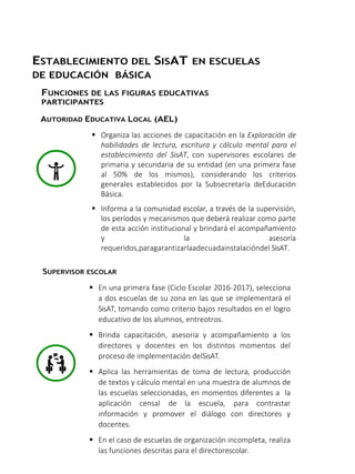 SISTEMA DE ALERTA TEMPRANA
ESTABLECIMIENTO DEL SISAT EN ESCUELAS
DE EDUCACIÓN BÁSICA
FUNCIONES DE LAS FIGURAS EDUCATIVAS
PARTICIPANTES
AUTORIDAD EDUCATIVA LOCAL (AEL)
 Organiza las acciones de capacitación en la Exploración de
habilidades de lectura, escritura y cálculo mental para el
establecimiento del SisAT, con supervisores escolares de
primaria y secundaria de su entidad (en una primera fase
al 50% de los mismos), considerando los criterios
generales establecidos por la Subsecretaría deEducación
Básica.
 Informa a la comunidad escolar, a través de la supervisión,
los períodos y mecanismos que deberá realizar como parte
de esta acción institucional y brindará el acompañamiento
y la asesoría
requeridos,paragarantizarlaadecuadainstalacióndel SisAT.
SUPERVISOR ESCOLAR
 En una primera fase (Ciclo Escolar 2016-2017), selecciona
a dos escuelas de su zona en las que se implementará el
SisAT, tomando como criterio bajos resultados en el logro
educativo de los alumnos, entreotros.
 Brinda capacitación, asesoría y acompañamiento a los
directores y docentes en los distintos momentos del
proceso de implementación delSisAT.
 Aplica las herramientas de toma de lectura, producción
de textos y cálculo mental en una muestra de alumnos de
las escuelas seleccionadas, en momentos diferentes a la
aplicación censal de la escuela, para contrastar
información y promover el diálogo con directores y
docentes.
 En el caso de escuelas de organización incompleta, realiza
las funciones descritas para el directorescolar.
 