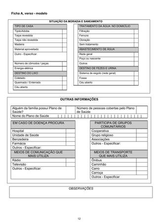 Ficha A, verso - modelo

                              SITUAÇÃO DA MORADIA E SANEAMENTO
  TIPO DE CASA                                  TRATAMENTO DA ÁGUA NO DOMICÍLIO
  Tijolo/Adobe                                  Filtração
  Taipa revestida                               Fervura
  Taipa não revestida                           Cloração
  Madeira                                       Sem tratamento
  Material aproveitado                          ÁBASTECIMENTO DE ÁGUA
  Outro - Especificar:                          Rede geral
                                                Poço ou nascente
  Número de cômodos / peças                     Outros
  Energia elétrica                              DESTINO DE FEZES E URINA
  DESTINO DO LIXO                               Sistema de esgoto (rede geral)
  Coletado                                      Fossa
  Queimado / Enterrado                          Céu aberto
  Céu aberto



                                    OUTRAS INFORMAÇÕES

Alguém da família possui Plano de          Número de pessoas cobertas pelo Plano
Saúde?                                     de Saúde
Nome do Plano de Saúde         | | | | | | | | | | | | | | | | | | | | | | | | | |

EM CASO DE DOENÇA PROCURA                                     PARTICIPA DE GRUPOS
                                                                  COMUNITÁRIOS
Hospital                                                    Cooperativa
Unidade de Saúde                                            Grupo religioso
Benzedeira                                                  Associações
Farmácia                                                    Outros - Especificar:
Outros - Especificar:
 MEIOS DE COMUNICAÇÃO QUE                                    MEIOS DE TRANSPORTE
           MAIS UTILIZA                                          QUE MAIS UTILIZA
Rádio                                                       Ônibus
Televisão                                                   Caminhão
Outros - Especificar:                                       Carro
                                                            Carroça
                                                            Outros - Especificar


                                         OBSERVAÇÕES




                                               12
 