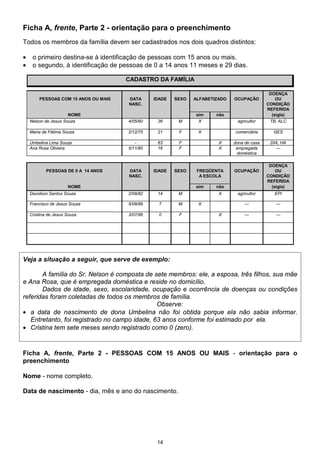 Ficha A, frente, Parte 2 - orientação para o preenchimento
Todos os membros da família devem ser cadastrados nos dois quadros distintos:

•    o primeiro destina-se à identificação de pessoas com 15 anos ou mais.
•    o segundo, à identificação de pessoas de 0 a 14 anos 11 meses e 29 dias.

                                      CADASTRO DA FAMÍLIA

                                                                                              DOENÇA
        PESSOAS COM 15 ANOS OU MAIS   DATA      IDADE   SEXO   ALFABETIZADO   OCUPAÇÃO           OU
                                      NASC.                                                  CONDIÇÃO
                                                                                             REFERIDA
                      NOME                                     sim     não                     (sigla)
    Nelson de Jesus Souza             4/05/60    36      M      X              agricultor     TB, ALC

    Maria de Fátima Souza             2/12/75    21      F      X             comerciária      GES

    Umbelina Lima Souza                  -       63      F              X     dona de casa    DIA, HA
    Ana Rosa Oliveira                 5/11/80    16      F              X      empregada        ---
                                                                               doméstica

                                                                                              DOENÇA
            PESSOAS DE 0 A 14 ANOS    DATA      IDADE   SEXO    FREQÜENTA     OCUPAÇÃO           OU
                                      NASC.                      A ESCOLA                    CONDIÇÃO
                                                                                             REFERIDA
                      NOME                                     sim     não                     (sigla)
    Davidson Santos Souza             2/09/82    14      M              X      agricultor       EPI

    Francisco de Jesus Souza          5/08/89     7      M      X                  ---          ---

    Cristina de Jesus Souza           3/07/96     0      F              X          ---          ---




Veja a situação a seguir, que serve de exemplo:

       A família do Sr. Nelson é composta de sete membros: ele, a esposa, três filhos, sua mãe
e Ana Rosa, que é empregada doméstica e reside no domicílio.
       Dados de idade, sexo, escolaridade, ocupação e ocorrência de doenças ou condições
referidas foram coletadas de todos os membros de família.
                                               Observe:
• a data de nascimento de dona Umbelina não foi obtida porque ela não sabia informar.
   Entretanto, foi registrado no campo idade, 63 anos conforme foi estimado por ela.
• Cristina tem sete meses sendo registrado como 0 (zero).


Ficha A, frente, Parte 2 - PESSOAS COM 15 ANOS OU MAIS - orientação para o
preenchimento

Nome - nome completo.

Data de nascimento - dia, mês e ano do nascimento.




                                                 14
 