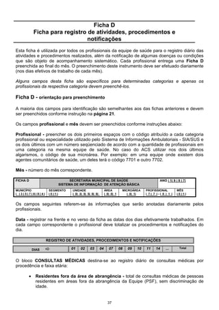 Ficha D
          Ficha para registro de atividades, procedimentos e
                              notificações
Esta ficha é utilizada por todos os profissionais da equipe de saúde para o registro diário das
atividades e procedimentos realizados, além da notificação de algumas doenças ou condições
que são objeto de acompanhamento sistemático. Cada profissional entrega uma Ficha D
preenchida ao final do mês. O preenchimento deste instrumento deve ser efetuado diariamente
(nos dias efetivos de trabalho de cada mês).

Alguns campos desta ficha são específicos para determinadas categorias e apenas os
profissionais da respectiva categoria devem preenchê-los.

Ficha D - orientação para preenchimento

A maioria dos campos para identificação são semelhantes aos das fichas anteriores e devem
ser preenchidos conforme instrução na página 21.

Os campos profissional e mês devem ser preenchidos conforme instruções abaixo:

Profissional - preencher os dois primeiros espaços com o código atribuído a cada categoria
profissional ou especialidade utilizado pelo Sistema de Informações Ambulatoriais - SIA/SUS e
os dois últimos com um número seqüenciado de acordo com a quantidade de profissionais em
uma categoria na mesma equipe de saúde. No caso do ACS utilizar nos dois últimos
algarismos, o código de sua microárea. Por exemplo: em uma equipe onde existem dois
agentes comunitários de saúde, um deles terá o código 7701 e outro 7702.

Mês - número do mês correspondente.

FICHA D                      SECRETARIA MUNICIPAL DE SAÚDE                                  ANO | 1| 9 | 9 | 7|
                       SISTEMA DE INFORMAÇÃO DE ATENÇÃO BÁSICA
MUNICÍPIO          SEGMENTO   UNIDADE                 ÁREA         MICROÁREA     PROFISSIONAL            MÊS
| |3|5|7|8|9|4|    |0|1|      |_0|_3|_5|_5|_6|_6|_    |_0|_0|_1       |_0|_1|    |_7 |_7_| - |_0_|_1_|   |0|1|
                              6|                      |

Os campos seguintes referem-se às informações que serão anotadas diariamente pelos
profissionais.

Data - registrar na frente e no verso da ficha as datas dos dias efetivamente trabalhados. Em
cada campo correspondente o profissional deve totalizar os procedimentos e notificações do
dia.

                  REGISTRO DE ATIVIDADES, PROCEDIMENTOS E NOTIFICAÇÕES

                              01   02     03     04      07       08   09   10   11     14      ...       Total
          DIAS


O bloco CONSULTAS MÉDICAS destina-se ao registro diário de consultas médicas por
procedência e faixa etária:

      •    Residentes fora da área de abrangência - total de consultas médicas de pessoas
           residentes em áreas fora da abrangência da Equipe (PSF), sem discriminação de
           idade.


                                                        37
 