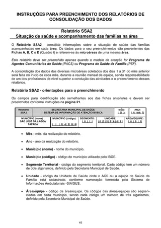 INSTRUÇÕES PARA PREENCHIMENTO DOS RELATÓRIOS DE
               CONSOLIDAÇÃO DOS DADOS

                       Relatório SSA2
  Situação de saúde e acompanhamento das famílias na área
O Relatório SSA2       consolida informações sobre a situação de saúde das famílias
acompanhadas em cada área. Os dados para o seu preenchimentos são provenientes das
Fichas A, B, C e D (Quadro I) e referem-se às microáreas de uma mesma área.

Este relatório deve ser preenchido apenas quando o modelo de atenção for Programa de
Agentes Comunitários de Saúde (PACS) ou Programa de Saúde da Família (PSF).

A consolidação dos dados das diversas microáreas coletados dos dias 1 a 31 do mês anterior
será feita no início de cada mês, durante a reunião mensal da equipe, sendo responsabilidade
de um dos profissionais de nível superior a condução das atividades e o preenchimento desses
relatórios.

Relatório SSA2 - orientações para o preenchimento
Os campos para identificação são semelhantes aos das fichas anteriores e devem ser
preenchidos conforme instruções na página 21.

    Relatório              SECRETARIA MUNICIPAL DE SAÚDE                                 MÊS:           ANO:
     SSA2             SISTEMA DE INFORMAÇÃO DE ATENÇÃO BÁSICA                           | 0|_3|      |_1|_9|9|_7|

      MUNICÍPIO (nome) :    MUNICÍPIO (código):      SEGMENTO:          UNIDADE:                  ÁREA/EQUIPE :
     SÃO JOSÉ DA LAGOA                                |_0_|_1_|   | 0 |3 | 5 | 5 | 6 | 6 | 6 |     |_0_|_0_|_1|
          TAPADA            |__|__|_1|_4|_2|_0|_6|


      •   Mês - mês da realização do relatório.

      •   Ano - ano da realização do relatório.

      •   Município (nome) - nome do município.

      •   Município (código) - código do município utilizado pelo IBGE.

      •   Segmento Territorial - código do segmento territorial. Cada código tem um número
          de dois algarismos, definido pela Secretaria Municipal de Saúde.

      •   Unidade - código da Unidade de Saúde onde o ACS ou a equipe de Saúde da
          Família está cadastrado, conforme numeração fornecida pelo Sistema de
          Informações Ambulatoriais -SIA/SUS.

      •   Área/equipe - código da área/equipe. Os códigos das áreas/equipes são seqüen-
          ciados em cada município, sendo cada código um número de três algarismos,
          definido pela Secretaria Municipal de Saúde.




                                                     45
 