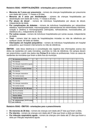 Relatório SSA2 - HOSPITALIZAÇÕES - orientações para o preenchimento

•   Menores de 5 anos por pneumonia - número de crianças hospitalizadas por pneumonia
    com idade até 4 anos, 11 meses e 29 dias.
•   Menores de 5 anos por desidratação - número de crianças hospitalizadas por
    desidratação com idade até 4 anos, 11 meses e 29 dias.
•   Por abuso de álcool - número de indivíduos hospitalizados por abuso de álcool,
    independente da idade.
•   Por complicações do diabetes - número de indivíduos hospitalizados por cetoacidose
    diabética, hiperosmolaridade, macroangiopatias (ateroesclerose de extremidades inferiores,
    coração e cérebro) e microangiopatias (retinopatia, nefroesclerose, monoradiculites, pé
    diabéticos etc.), independente da idade.
•   Por outras causas - número de indivíduos hospitalizados por outras causas, independente
    da idade.
•   Total - número total de casos de hospitalizações iniciadas no mês de referência por
    qualquer causa, de todas as idades.
•   Internações em hospital psiquiátrico - número de indivíduos hospitalizados em hospital
    psiquiátrico, que iniciaram internamento no mês de referência.

ÓBITOS - este bloco destina-se à consolidação dos registros das informações acerca dos
óbitos de residentes em cada microárea, ocorridos no mês de referência. Os campos devem
ser preenchidos a partir dos dados das Fichas D de todos os profissionais. Inclui os casos de
residentes da microárea que foram a óbito fora do município.

        De menores de 28 dias             1
        Por diarréia                      -
        Por infecção respiratória aguda   -
        Por outras causas                 1
        De 28 dias a 11 meses e 29 dias   1
    Ó   Por diarréia                      1
    B   Por infecção respiratória         -
    I   Por outras causas                 -
    T   De menores de 1 ano               2
    O   Por diarréia                      1
    S   Por infecção respiratória         -
        Por outras causas                 1
        De mulheres de 10 a 49 anos       1
        De 10 a 14 anos                   -
        De 15 a 49 anos                   1
        Outros óbitos                     2
        Total de óbitos                   5
        De adolescentes (10-19 anos)      -
        por violência


Relatório SSA2 - ÓBITOS - orientações para o preenchimento

•   De menores de 28 dias - número de crianças com idade até 27 dias que foram a óbito.
•   Por diarréia - número de crianças com idade até 27 dias que foram a óbito por diarréia.
•   Por infecção respiratória aguda - número de crianças com idade até 27 dias que foram a
    óbito por infecção respiratória aguda.




                                              52
 