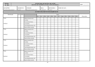 FICHA                                                          SECRETARIA MUNICIPAL DE SAÚDE
  B - DIA                                                   SISTEMA DE INFORMAÇÃO DE ATENÇÃO BÁSICA                                                     ANO |__|__|__|__|

MUNICÍPIO                   SEGMENTO           UNIDADE                        ÁREA              MICROÁREA           NOME DO ACS:
|__|__|__|__|__|__|__|      |__|__|            |__|__|__|__|__|__|__|         |__|__|__|        |__|__|
                                                                    ACOMPANHAMENTO DE DIABÉTICOS

            Identificação    Sexo Idade                                                                          Meses
                                                                        Jan   Fev    Mar    Abr      Mai   Jun      Jul   Ago   Set   Out   Nov   Dez      Observações
Nome:                                     Data da visita do ACS
                                          Faz dieta
                                          Faz exercícios físicos
Endereço:                                 Usa insulina
                                          Toma hipoglicemiante oral
                                          Data da última consulta
Nome:                                     Data da visita do ACS
                                          Faz dieta
                                          Faz exercícios físicos
Endereço:                                 Usa insulina
                                          Toma hipoglicemiante oral
                                          Data da última consulta
Nome:                                     Data da visita do ACS
                                          Faz dieta
                                          Faz exercícios físicos
Endereço:                                 Usa insulina
                                          Toma hipoglicemiante oral
                                          Data da última consulta
Nome:                                     Data da visita do ACS
                                          Faz dieta
                                          Faz exercícios físicos
Endereço:                                 Usa insulina
                                          Toma hipoglicemiante oral
                                          Data da última consulta

                                                                                           82
 