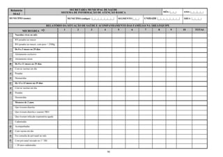 Relatório                                          SECRETARIA MUNICIPAL DE SAÚDE
                                               SISTEMA DE INFORMAÇÃO DE ATENÇÃO BÁSICA                                             MÊS: |__|__|      ANO: |__|__|__|__|
  SSA2
MUNICÍPIO (nome):                                   MUNICÍPIO (código): |__|__|__|__|__|__|__|   SEGMENTO |__|__|   UNIDADE |__|__|__|__|__|__|__|   ÁREA |__|__|__|


                                    RELATÓRIO DA SITUAÇÃO DE SAÚDE E ACOMPANHAMENTO DAS FAMÍLIAS NA ÁREA/EQUIPE

             MICROÁREA                          1            2           3           4           5         6        7          8          9          10        TOTAL
     Nascidos vivos no mês

     RN pesados ao nascer
     RN pesados ao nascer, com peso < 2500g

     De 0 a 3 meses ou 29 dias

     Aleitamento exclusivo
C    Aleitamento misto

R    De 0 a 11 meses ou 29 dias

I    Com as vacinas em dia
A    Pesadas
N    Desnutridas

Ç    De 12 a 23 meses ou 29 dias

A    Com as vacinas em dia
S    Pesadas
     Desnutridas

     Menores de 2 anos

     Que tiveram diarréia
     Que tiveram diarréia e usaram TRO
     Que tiveram infecção respiratória aguda

     Cadastradas
G    Acompanhadas
E    Com vacina em dia
S    Fez consulta de pré-natal no mês
T.   Com pré-natal iniciado no 1° TRI
     < 20 anos cadastradas

                                                                                         90
 