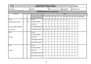 29
FICHA
B - DIA
SECRETARIA MUNICIPAL DE SAÚDE
ATENÇÃO BÁSICA - SAÚDE DA FAMÍLIA ANO
|_1_|_9_|_9_|6_|
MUNICÍPIO
|__|__|_1_|_4_|_2_|_0_|_6_|
UNIDADE
|__|__|__|__|_0_|_0_|_2_|
ÁREA |__|_0_|_0_|_1_| MICROÁREA
|_0_|_1_|
NOME DO ACS:
ACOMPANHAMENTO DE DIABÉTICOS
Identificação Sexo Idade Meses
Jan Fev Mar Abr Mai Jun Jul Ago Set Out Nov Dez Observações
Nome: faz dieta X X X X X X X X X
Umbelina Lima Souza F 63 faz exercícios físicos
usa insulina
Endereço: Praça do Rosário, toma hipoglicemiante oral X X X X X X X X X
14 - Centro data da última consulta 25 10 2 8 9 2 1 8 10
Nome: faz dieta
faz exercícios físicos
Endereço: usa insulina
toma hipoglicemiante oral
data da última consulta
Nome: faz dieta
faz exercícios físicos
Endereço: usa insulina
toma hipoglicemiante oral
data da última consulta
 