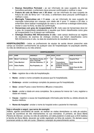 43
• Doença Hemolítica Perinatal - ao ser informado de caso suspeito de doença
hemolítica perinatal, o enfermeiro deve procurar confirmação e notificar o caso.
• Fratura de colo de fêmur em > 50 anos - ao ser informado de caso suspeito de
fratura de colo de fêmur em > 50 anos, o enfermeiro deve procurar confirmação e
notificar o caso.
• Meningite Tuberculosa em < 5 anos - ao ser informado de caso suspeito de
meningite tuberculosa em crianças com idade até 4 anos 11 meses e 29 dias, o
enfermeiro deve realizar investigação do caso e, se confirmar a etiologia tuberculosa,
anotar o caso na ficha, na data da confirmação.
• Hanseníase com grau de incapacidade II e III - todo caso de hanseníase deve ter
o grau de incapacidade estabelecido e aqueles que forem classificados como grau
de incapacidade II ou III devem ser notificados.
• Citologia Oncótica NIC III/Carcinoma in situ - este campo destina-se ao registro
de resultados de exames de citologia oncótica que foram classificados como
NIC-III/Carcinoma in situ, na data de recebimento do resultado do exame.
HOSPITALIZAÇÕES - todos os profissionais da equipe de saúde devem preencher este
campo ao tomarem conhecimento de qualquer caso de hospitalização na população adstrita,
no mês de referência ou no mês anterior.
HOSPITALIZAÇÕES
DATA NOME ENDEREÇO SEXO IDADE CAUSA NOME DO HOSPITAL
20/09
14/10
21/10
Marta P. de Alencar
Tales Machiori
Pedro Padilha
Rua Martins Fontes, 49
Fone: 574-2749
Rua das Palmeiras, 77
Rua Projetada, s/n
F
M
M
36
21
68
Alcoolismo
Traumatismo
Crânio-Encefálico
Acidente Vascular
Cerebral
Hospital Pinel
Santa Casa de Alta
Vista
Santa Casa de Alta
Vista
• Data - registrar dia e mês da hospitalização.
• Nome - anotar o nome completo da pessoa que foi hospitalizada.
• Endereço - anotar o endereço completo da pessoa que foi hospitalizada.
• Sexo - anotar F para o sexo feminino e M para o masculino.
• Idade - anotar a idade em anos completos. Se a pessoa for menor de 1 ano, registrar a
idade em meses.
• Causa - registrar a causa da hospitalização informada pela família ou obtida através de
laudos médicos.
• Nome do hospital - anotar o nome do hospital onde o paciente foi internado.
Veja a situação a seguir, que serve de exemplo:
Valéria, agente comunitária de saúde, ao realizar as visitas domiciliares no mês de outubro,
soube da ocorrência de três internamentos na sua microárea. O primeiro, de Dona Marta
Pereira de Alencar, ocorreu no mês de setembro, em data posterior à visita que a ACS realizou
à família de Dona Marta, devendo ser então registrado na ficha de outubro. Os demais casos
ocorreram ainda no mês em curso. Observe o exemplo de preenchimento acima.
 