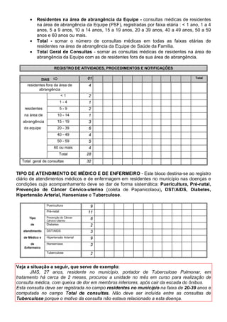 )LFKDV % H 
                  )LFKDV SDUD DFRPSDQKDPHQWR GRPLFLOLDU
As fichas do grupo % (B-GES, B-HA, B-DIA, B-TB e B-HAN) e a ficha  são utilizadas para o
acompanhamento domiciliar dos grupos prioritários para monitoramento. A cada visita mensal
os dados destas fichas devem ser atualizados. O ACS deve guardar consigo as fichas de
acompanhamento e o instrutor/supervisor deve revisá-las periodicamente. Sempre que
cadastrar um caso novo, o agente comunitário de saúde deve discutir com o
instrutor/supervisor o acompanhamento do mesmo.


DPSRV LQLFLDLV GH WRGDV DV ILFKDV %  RULHQWDomR SDUD SUHHQFKLPHQWR

Os campos iniciais de todas as fichas % são iguais e servem para a identificação da microárea
onde residem as pessoas acompanhadas, devendo ser preenchidos segundo as orientações
abaixo:

$QR - ano corrente.

0XQLFtSLR - código do município utilizado pelo IBGE.

6HJPHQWR 7HUULWRULDO - código do segmento territorial. Sendo cada código um número de dois
algarismos, definido pela Secretaria Municipal de Saúde.

8QLGDGH - código da Unidade de Saúde onde o ACS está cadastrado e que consta no cadastro
do Sistema de Informações Ambulatoriais/SIA-SUS.

ÈUHD - código da área. Os códigos das áreas são seqüenciados em cada município, sendo
cada código um número de três algarismos, definido pela Secretaria Municipal de Saúde.

0LFURiUHD - código da microárea. Os códigos das microáreas são seqüenciados dentro de
cada área, sendo cada código um número de dois algarismos, definido pela equipe de saúde.

1RPH GR $6 - nome do agente comunitário de saúde.
 