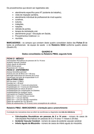)LFKD 
                 )LFKD SDUD DFRPSDQKDPHQWR GD FULDQoD
O instrumento utilizado para o acompanhamento da criança - a )LFKD   é uma cópia do
DUWmR GD ULDQoD padronizado pelo Ministério da Saúde, utilizado pelos diversos serviços de
saúde nos municípios. Este Cartão é produzido em dois modelos distintos: um para a criança
de sexo masculino e outro para a criança do sexo feminino. Toda família que tenha uma
criança menor de cinco anos, acompanhada por uma unidade de saúde deve possuir este
Cartão. É ele que servirá como fonte básica dos dados que serão coletados pelos ACS.

Para as crianças menores de 2 anos o ACS deve utilizar, como base para a coleta dos dados,
o DUWmR GD ULDQoD que está de posse da família, transcrevendo para o seu FDUWmRVRPEUD os
dados registrados no DUWmR GD ULDQoD. Caso a família não tenha o Cartão, o ACS deverá
preencher o FDUWmRVRPEUD com base nas informações referidas e orientar a família a procurar
a unidade de saúde de referência para providenciar a 2ª via.

           DUWmRVRPEUD p D FySLD GR FDUWmR GD FULDQoD TXH ILFD FRP R $6

)LFKD   RULHQWDomR SDUD SUHHQFKLPHQWR

A frente do Cartão da Criança destina-se à coleta de informações acerca da identificação da
criança, sobre o tipo do parto e condições da criança ao nascer, devendo ser preenchidos os
seguintes dados:

1RPH GD FULDQoD - nome completo da criança.

1RPH GD PmH - nome completo da mãe da criança.

1RPH GR SDL - nome completo do pai da criança.

(QGHUHoR - rua, avenida ou praça, número e bairro; cidade/estado; telefone e CEP.

/RFDO GH UHIHUrQFLD - ponto de referência para facilitar a localização do domicílio.

'DWD GH QDVFLPHQWR - dia, mês e ano do nascimento da criança.

RPSULPHQWR - comprimento da criança ao nascer em centímetros.

3HVR HP JUDPDV - peso da criança ao nascer (até a 5ª hora de vida).

3HUtPHWUR FHIiOLFR - perímetro cefálico da criança ao nascer, em centímetros.

$SJDU ¶- valor do índice de Apgar no 5º minuto de vida.

7LSR GH SDUWR - classificação do parto em natural, fórceps ou cesáreo.

2EVHUYDo}HV - campo aberto para o registro de outras informações relacionadas ao
nascimento. No Cartão que está de posse do ACS, este campo pode ser utilizado para informar
que a família não possuía o cartão, na ocasião da visita domiciliar, caso isto tenha ocorrido.
 