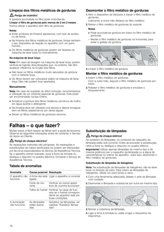 14
Perigo de choque eléctrico!
■ Um aparelho avariado pode causar
choques eléctricos. Nunca ligue um
aparelho avariado. Puxe a ficha da
tomada ou desligue o disjuntor no quadro
eléctrico. Contacte o Serviço de
Assistência Técnica.
Perigo de choque eléctrico!
■ As reparações indevidas são perigosas.
As reparações e substituições de cabos
danificados só podem ser efectuadas por
técnicos especializados do Serviço de
Assistência Técnica. Se o aparelho estiver
avariado, puxe a ficha da tomada ou
desligue o disjuntor no quadro eléctrico.
Contacte o Serviço de Assistência
Técnica.
Perigo de choque eléctrico!
■ A humidade que se infiltra no aparelho
pode dar origem a um choque eléctrico.
Não utilize aparelhos de limpeza a alta
pressão ou de limpeza a vapor.
Causas de danos
Atenção!
Perigo de danificação devido a danos provocados por
corrosão. Ligar sempre o aparelho quando se cozinha, para
evitar a formação de água de condensação. A água de
condensação pode provocar danos de corrosão.
Substituir sempre imediatamente as lâmpadas defeituosas,
para evitar uma sobrecarga das lâmpadas restantes.
Perigo de danificação devido a humidade que penetra no
sistema eletrónico. Nunca limpar os elementos de comando
com um pano húmido.
Danos na superfície devido a uma limpeza incorreta. Limpar as
superfícies de aço inoxidável apenas no sentido do polimento.
Não usar produto de limpeza para aço inoxidável nos
elementos de comando.
Danos na superfície devido a produtos de limpeza agressivos
ou abrasivos. Nunca usar produtos de limpeza agressivos ou
abrasivos.
Perigo de danificação devido ao retorno de condensação.
Instalar a conduta de ar com ligeira queda a partir do
equipamento (1ª inclinação).
Protecção do meio ambiente
Tire o aparelho da embalagem e elimine a mesma de forma
ecológica.
Eliminação ecológica
Tipos de funcionamento
Este aparelho pode ser utilizado em modo de exaustão ou de
recirculação de ar.
Função com exaustão de ar
Nota: O ar evacuado não pode ser encaminhado por uma
chaminé de exaustão de fumos ou de gases queimados em
funcionamento, nem por uma caixa de ar que sirva de
ventilação de locais com lareiras instaladas.
■ Caso o ar evacuado tenha de ser encaminhado por uma
chaminé de exaustão de fumos ou de gases queimados que
não esteja em funcionamento, é necessária uma autorização
da entidade supervisora da instalação dos aparelhos de
queima.
■ Se o ar evacuado for encaminhado através da parede
exterior, deve ser utilizada uma caixa mural telescópica.
Função com recirculação de ar
Nota: Para se poder eliminar os odores na função com
recirculação de ar, tem que ser montado um filtro de carvão
activo. Para poder tirar proveito das diversas possibilidades de
utilização do aparelho em circulação de ar, leia os prospectos
anexos ou consulte o seu agente especializado. Os acessórios
necessários para o efeito podem ser adquiridos no comércio
especializado, nos Serviços Técnicos ou na loja Online. Os
números de referência dos acessórios encontram-se no final
das Instruções de Serviço.
Este aparelho cumpre os requisitos da directiva
europeia 2002/96/CE relativa aos resíduos de
equipamentos eléctricos e electrónicos (WEEE –
waste electrical and electronic equipment). Esta
directiva define o âmbito de retoma e reciclagem
dos resíduos de equipamentos válido a nível
europeu.
O ar aspirado é limpo na sua passagem
pelo filtro de gordura e encaminhado para
o exterior através de um sistema de
tubagem.
O ar aspirado é limpo através da sua passagem
pelo filtro de gorduras e pelo filtro de carvão
activo e conduzido, de novo, para a cozinha.
 