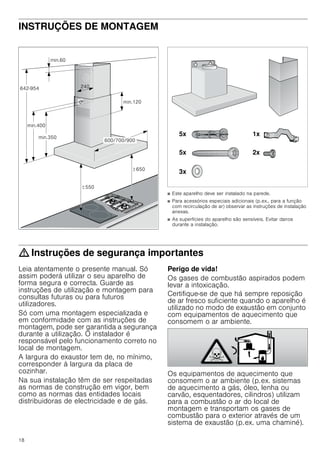 16
Limpeza dos filtros metálicos de gorduras
: Perigo de incêndio!
A gordura acumulada no filtro pode incendiar-se.
Limpar o filtro de gorduras pelo menos de 2 em 2 meses .
Nunca utilizar o aparelho sem filtro de gorduras.
Notas
■ Evitar produtos de limpeza agressivos, com teor de acidez
ou de lixívia.
■ Na limpeza dos filtros metálicos de gorduras, limpar também
o seu dispositivo de fixação no aparelho com um pano
húmido.
■ Os filtros metálicos de gorduras podem ser lavados na
máquina de lavar loiça ou manualmente.
Na máquina de lavar loiça:
Nota: Em caso de lavagem na máquina de lavar loiça, podem
verificar-se ligeiras descolorações que, no entanto, não têm
qualquer influência na função dos filtros.
■ Não lavar os filtros metálicos muito saturados de gordura
com a restante loiça.
■ Os filtros devem ser colocados soltos na máquina de lavar
loiça. Eles não podem ficar apertados.
Manualmente:
Nota: No caso de sujidade de difícil remoção, recomendamos
a utilização de um solvente especial de gorduras. Este pode
ser encomendado na loja Online.
■ Amolecer a gordura dos filtros metálicos, pondo-os de molho
em água quente e detergente.
■ Na limpeza deve ser utilizada uma escova e depois enxaguar
bem os filtros, passando-os por várias águas.
■ Deixar os filtros metálicos de gorduras escorrer.
Desmontar o filtro metálico de gorduras
1. Abrir o dispositivo de bloqueio e baixar o filtro metálico de
gorduras,
colocando a outra mão debaixo do filtro metálico.
2. Retirar o filtro metálico de gorduras do suporte.
Notas
■ Pode acumular-se gordura em baixo no filtro metálico de
gorduras.
– Manter o filtro metálico de gorduras na horizontal, para
evitar o gotejar de gordura.
3. Limpar o filtro metálico de gordura.
Montar o filtro metálico de gorduras
1. Inserir o filtro metálico de gorduras.
Com a outra mão, segurar o filtro metálico de gorduras por
baixo.
2. Rebater o filtro metálico de gorduras e encaixar o
bloqueamento.
Falhas – o que fazer?
Muitas vezes, é fácil reparar as falhas sem a ajuda de terceiros.
Observe as seguintes indicações antes de contactar o Serviço
de Apoio ao Cliente.
: Perigo de choque eléctrico!
As reparações indevidas são perigosas. As reparações e
substituições de cabos danificados só podem ser efectuadas
por técnicos especializados do Serviço de Assistência Técnica.
Se o aparelho estiver avariado, puxe a ficha da tomada ou
desligue o disjuntor no quadro eléctrico. Contacte o Serviço de
Assistência Técnica.
Tabela de anomalias
--------
Substituição de lâmpadas
: Perigo de choque elétrico!
Ao substituir as lâmpadas, os contactos do casquilho da
lâmpada estão sob corrente. Antes de proceder à substituição,
retire a ficha ou desligue o disjuntor no quadro elétrico.
Importante! Utilizar apenas lâmpadas do mesmo tipo e da
mesma potência (ver o casquilho da lâmpada ou a placa de
características no interior do aparelho - para isso, desmontar o
filtro metálico de gorduras).
Substituição de lâmpadas de halogéneo
Nota: Na substituição de lâmpadas de halogéneo, não se deve
tocar no êmbolo de vidro. Para inserir as lâmpadas de
halogéneo, utilizar um pano limpo e seco.
1. Com uma ferramenta adequada, afastar o anel da lâmpada
com cuidado.
2. Desmontar a lâmpada e substituí-la por outra do mesmo tipo.
3. Montar a cobertura da lâmpada.
4. Ligar a ficha à tomada ou voltar a ligar o dispositivo de
segurança.
Anomalia Causa possível Resolução
O aparelho não
funciona
A ficha não está
ligada
Ligar o aparelho à corrente
Corte de cor-
rente
Verificar se outros apare-
lhos de cozinha funcionam
Falha do fusível Verificar na caixa de fusí-
veis se o fusível correspon-
dente ao aparelho está em
boas condições.
A iluminação
não funciona.
As lâmpadas
estão avaria-
das.
Substituir as lâmpadas, ver
capítulo Substituir lâmpa-
das.
 