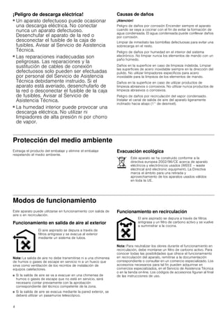 4
¡Peligro de descarga eléctrica!
■ Un aparato defectuoso puede ocasionar
una descarga eléctrica. No conectar
nunca un aparato defectuoso.
Desenchufar el aparato de la red o
desconectar el fusible de la caja de
fusibles. Avisar al Servicio de Asistencia
Técnica.
¡Peligro de descarga eléctrica!
■ Las reparaciones inadecuadas son
peligrosas. Las reparaciones y la
sustitución de cables de conexión
defectuosos solo pueden ser efectuadas
por personal del Servicio de Asistencia
Técnica debidamente instruido. Si el
aparato está averiado, desenchufarlo de
la red o desconectar el fusible de la caja
de fusibles. Avisar al Servicio de
Asistencia Técnica.
¡Peligro de descarga eléctrica!
■ La humedad interior puede provocar una
descarga eléctrica. No utilizar ni
limpiadores de alta presión ni por chorro
de vapor.
Causas de daños
¡Atención!
Peligro de daños por corrosión Encender siempre el aparato
cuando se vaya a cocinar con el fin de evitar la formación de
agua condensada. El agua condensada puede conllevar daños
por corrosión.
Limpiar de inmediato las bombillas defectuosas para evitar una
sobrecarga en el resto.
Peligro de daños por humedad en el interior del sistema
electrónico. No limpiar nunca los elementos de mando con un
paño húmedo.
Daños en la superficie en caso de limpieza indebida. Limpiar
las superficies de acero inoxidable siempre en la dirección del
pulido. No utilizar limpiadores específicos para acero
inoxidable para la limpieza de los elementos de mando.
Daños en la superficie en caso de utilizar productos de
limpieza abrasivos o corrosivos. No utilizar nunca productos de
limpieza abrasivos o corrosivos.
Peligro de daños por recirculación del vapor condensado.
Instalar el canal de salida de aire del aparato ligeramente
inclinado hacia abajo (1° de desnivel).
Protección del medio ambiente
Extraiga el producto del embalaje y elimine el embalaje
respetando el medio ambiente.
Evacuación ecológica
Modos de funcionamiento
Este aparato puede utilizarse en funcionamiento con salida de
aire o en recirculación.
Funcionamiento en salida de aire al exterior
Nota: La salida de aire no debe transmitirse ni a una chimenea
de humos o gases de escape en servicio ni a un hueco que
sirva como ventilación de los recintos de instalación de
equipos calefactores.
■ Si la salida de aire se va a evacuar en una chimenea de
humos o gases de escape que no está en servicio, será
necesario contar previamente con la aprobación
correspondiente del técnico competente de la zona.
■ Si la salida de aire se evacua mediante la pared exterior, se
deberá utilizar un pasamuros telescópico.
Funcionamiento en recirculación
Nota: Para neutralizar los olores durante el funcionamiento en
recirculación, debe montarse un filtro de carbono activo. Para
conocer todas las posibilidades que ofrece el funcionamiento
en recirculación del aparato, remitirse a la documentación
correspondiente o consultar en un comercio especializado. Los
accesorios necesarios para tal fin pueden adquirirse en
comercios especializados, en el Servicio de Asistencia Técnica
o en la tienda on-line. Los códigos de accesorios figuran al final
de las instrucciones de uso.
Este aparato se ha construido conforme a la
directiva europea 2002/96/CE acerca de aparato
eléctricos y electrónicos usados (WEEE – waste
electrical and electronic equipment). La Directiva
marca el ámbito para una retirada y
aprovechamiento de los aparatos usados válidos
en toda la UE.
El aire aspirado se depura a través de
filtros antigrasa y se evacua al exterior
mediante un sistema de tubos.
El aire aspirado se depura a través de filtros
antigrasa y un filtro de carbono activo y se vuelve
a suministrar a la cocina.
 