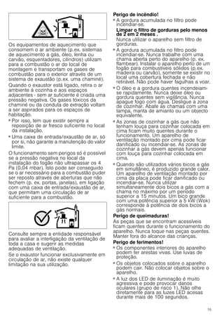 15
Os equipamentos de aquecimento que
consomem o ar ambiente (p.ex. sistemas
de aquecimento a gás, óleo, lenha ou
carvão, esquentadores, cilindros) utilizam
para a combustão o ar do local de
montagem e transportam os gases de
combustão para o exterior através de um
sistema de exaustão (p.ex. uma chaminé).
Quando o exaustor está ligado, retira o ar
ambiente à cozinha e aos espaços
adjacentes - sem ar suficiente é criada uma
pressão negativa. Os gases tóxicos da
chaminé ou da conduta de extração voltam
a ser aspirados para os espaços de
habitação.
■ Por isso, tem que existir sempre a
reposição de ar fresco suficiente no local
da instalação.
■ Uma caixa de entrada/exaustão de ar, só
por si, não garante a manutenção do valor
limite.
O funcionamento sem perigos só é possível
se a pressão negativa no local da
instalação do fogão não ultrapassar os 4
Pa (0,04 mbar). Isto pode ser conseguido
se o ar necessário para a combustão puder
ser reposto através de aberturas que não
fechem (p. ex. portas, janelas), em ligação
com uma caixa de entrada/exaustão de ar,
que permitam uma circulação de ar
suficiente para a combustão.
Consulte sempre a entidade responsável
para avaliar a interligação da ventilação de
toda a casa e sugerir as medidas
adequadas de ventilação.
Se o exaustor funcionar exclusivamente em
circulação de ar, não existe qualquer
limitação na sua utilização.
Perigo de incêndio!
■ A gordura acumulada no filtro pode
incendiar-se.
Limpar o filtro de gorduras pelo menos
de 2 em 2 meses .
Nunca utilizar o aparelho sem filtro de
gorduras.
Perigo de incêndio!
■ A gordura acumulada no filtro pode
incendiar-se. Nunca trabalhe com uma
chama aberta perto do aparelho (p. ex.
flambear). Instalar o aparelho perto de um
fogão para combustíveis sólidos (p.ex.
madeira ou carvão), somente se existir no
local uma cobertura fechada e não
retirável. Não pode haver fagulhas a voar.
Perigo de incêndio!
■ O óleo e a gordura quentes incendeiam-
se rapidamente. Nunca deixe óleo ou
gordura quentes sem vigilância. Nunca
apague fogo com água. Desligue a zona
de cozinhar. Abafe as chamas com uma
tampa, manta de amianto ou um objecto
equivalente.
Perigo de incêndio!
■ As zonas de cozinhar a gás que não
tenham louça para cozinhar colocada em
cima ficam muito quentes durante o
funcionamento. Um aparelho de
ventilação montado por cima pode ficar
danificado ou incendiar-se. As zonas de
cozinhar a gás devem apenas funcionar
com louça para cozinhar colocada em
cima.
Perigo de incêndio!
■ Quando são utilizados vários bicos a gás
em simultâneo, é produzido grande calor.
Um aparelho de ventilação montado por
cima da placa pode ficar danificado ou
incendiar-se. Nunca utilizar
simultaneamente dois bicos a gás com a
chama no máximo por um período
superior a 15 minutos. Um bico grande
com uma potência superior a 5 kW (Wok)
corresponde à potência de dois bicos a
gás normais.
Perigo de queimaduras!
As peças que se encontram acessíveis
ficam quentes durante o funcionamento do
aparelho. Nunca toque nas peças quentes.
Manter fora do alcance das crianças.
Perigo de ferimentos!
■ Os componentes interiores do aparelho
podem ter arestas vivas. Use luvas de
proteção.
Perigo de ferimentos!
■ Os objetos colocados sobre o aparelho
podem cair. Não colocar objetos sobre o
aparelho.
Perigo de ferimentos!
■ A luz dos LED de iluminação é muito
agressiva e pode provocar danos
oculares (grupo de risco 1). Não olhe
diretamente para as luzes LED acesas
durante mais de 100 segundos.
 