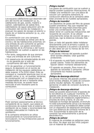 12
Los equipos calefactores que dependen del
aire del recinto de instalación (p. ej.,
calefactores de gas, aceite, madera o
carbón, calentadores de salida libre,
calentadores de agua) adquieren aire de
combustión del recinto de instalación y
evacuan los gases de escape al exterior a
través de un sistema extractor (p. ej., una
chimenea).
En combinación con una campana
extractora conectada se extrae aire de la
cocina y de las habitaciones próximas; sin
una entrada de aire suficiente se genera
una depresión. Los gases venenosos
procedentes de la chimenea o del hueco
de ventilación se vuelven a aspirar en las
habitaciones.
■ Por tanto, asegurarse de que siempre
haya una entrada de aire suficiente.
■ Un pasamuros de entrada/salida de aire
no es garantía por sí solo del
cumplimiento del valor límite.
A fin de garantizar un funcionamiento
seguro, la depresión en el recinto de
instalación de los equipos calefactores no
debe superar 4 Pa (0,04 mbar). Esto se
consigue si, mediante aberturas que no se
pueden cerrar, p. ej., en puertas, ventanas,
en combinación con un pasamuros de
entrada/salida de aire o mediante otras
medidas técnicas, se puede hacer
recircular el aire necesario para la
combustión.
Pedir siempre asesoramiento al técnico
competente de su región, que estará en
condiciones de evaluar todo el sistema de
ventilación de su hogar y recomendarle las
medidas adecuadas en materia de
ventilación.
Si la campana extractora se utiliza
exclusivamente en funcionamiento en
recirculación, no hay limitaciones para el
funcionamiento.
¡Peligro mortal!
Los gases de combustión que se vuelven a
aspirar pueden ocasionar intoxicaciones. Al
instalar una ventilación con una placa de
cocción con campana extractora, la
conducción eléctrica de la campana debe
estar provista de los fusibles apropiados.
¡Peligro de incendio!
Los depósitos de grasa del filtro de grasas
pueden prenderse. Hay que respetar las
distancias de seguridad prescritas para
evitar una condensación del calor. Se
deben tener en cuenta las indicaciones del
recipiente de cocción. Si se utilizan
conjuntamente zonas de cocción de gas y
eléctricas, rige la distancia indicada más
grande.
Solo un lado del aparato debe instalarse
directamente junto al armario o pared. La
distancia respecto a la pared o al armario
en alto debe ser por lo menos de 50 mm.
¡Peligro de lesiones!
■ Las piezas internas del aparato pueden
tener bordes afilados. Usar guantes
protectores.
¡Peligro de lesiones!
■ Si el aparato no está fijado correctamente,
puede caerse. Todos los elementos de
fijación deben montarse debidamente.
¡Peligro de lesiones!
■ El aparato es pesado. Para mover el
aparato se necesitan 2 personas. Utilizar
únicamente los medios auxiliares
apropiados.
¡Peligro de descarga eléctrica!
Las piezas internas del aparato pueden
tener bordes afilados. El cable de conexión
podría resultar dañado. No doblar ni
aprisionar el cable de conexión durante la
instalación.
¡Peligro de descarga eléctrica!
Debe ser posible desenchufar el aparato de
la red eléctrica en cualquier momento. El
aparato solo podrá conectarse a una toma
de corriente de instalación reglamentaria y
provista de toma a tierra. Si una vez
realizado el montaje del aparato, el enchufe
no está suficientemente cerca o se necesita
una conexión fija, la instalación debe contar
con un dispositivo de separación omnipolar
con una distancia de contacto mínima de 3
mm. Encomendar la ejecución de la
conexión fija exclusivamente a personal
electrotécnico.
¡Peligro de asfixia!
El material de embalaje es peligroso para
los niños. No dejar que los niños jueguen
con el material de embalaje.
 