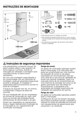25
INSTRUÇÕES DE MONTAGEM
Instruções de montagem
■ Este aparelho deve ser instalado na parede.
■ Para acessórios especiais adicionais (p.ex., para a função
com recirculação de ar) observar as instruções de instalação
anexas.
■ As superfícies do aparelho são sensíveis. Evitar danos
durante a instalação.
: Instruções de segurança importantes
Leia atentamente o presente manual. Só
assim poderá utilizar o seu aparelho de
forma segura e correcta. Guarde as
instruções de utilização e montagem para
consultas futuras ou para futuros
utilizadores.
Só com uma montagem especializada e
em conformidade com as instruções de
montagem, pode ser garantida a segurança
durante a utilização. O instalador é
responsável pelo funcionamento correto no
local de montagem.
A largura do exaustor tem de, no mínimo,
corresponder à largura da placa de
cozinhar.
Na sua instalação têm de ser respeitadas
as normas de construção em vigor, bem
como as normas das entidades locais
distribuidoras de electricidade e de gás.
Devem ser respeitados os regulamentos
locais e legais relativamente à extração do
ar evacuado (p. ex., regulamentos de
construção municipais).
Perigo de morte!
Os gases de combustão aspirados podem
levar a intoxicação. O ar evacuado não
pode ser encaminhado por uma chaminé
de exaustão de fumos ou de gases
queimados em funcionamento, nem por
uma caixa de ar que sirva de ventilação de
locais com lareiras instaladas. Caso o ar
evacuado tenha de ser encaminhado por
uma chaminé de exaustão de fumos ou de
gases queimados que não esteja em
funcionamento, é necessária uma
autorização da entidade supervisora da
instalação dos aparelhos de queima.
Perigo de vida!
Os gases de combustão aspirados podem
levar a intoxicação.
Certifique-se de que há sempre reposição
de ar fresco suficiente quando o aparelho é
utilizado no modo de exaustão em conjunto
com equipamentos de aquecimento que
consomem o ar ambiente.
 