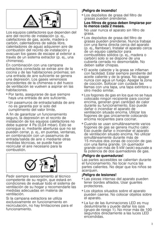 3
Los equipos calefactores que dependen del
aire del recinto de instalación (p. ej.,
calefactores de gas, aceite, madera o
carbón, calentadores de salida libre,
calentadores de agua) adquieren aire de
combustión del recinto de instalación y
evacuan los gases de escape al exterior a
través de un sistema extractor (p. ej., una
chimenea).
En combinación con una campana
extractora conectada se extrae aire de la
cocina y de las habitaciones próximas; sin
una entrada de aire suficiente se genera
una depresión. Los gases venenosos
procedentes de la chimenea o del hueco
de ventilación se vuelven a aspirar en las
habitaciones.
■ Por tanto, asegurarse de que siempre
haya una entrada de aire suficiente.
■ Un pasamuros de entrada/salida de aire
no es garantía por sí solo del
cumplimiento del valor límite.
A fin de garantizar un funcionamiento
seguro, la depresión en el recinto de
instalación de los equipos calefactores no
debe superar 4 Pa (0,04 mbar). Esto se
consigue si, mediante aberturas que no se
pueden cerrar, p. ej., en puertas, ventanas,
en combinación con un pasamuros de
entrada/salida de aire o mediante otras
medidas técnicas, se puede hacer
recircular el aire necesario para la
combustión.
Pedir siempre asesoramiento al técnico
competente de su región, que estará en
condiciones de evaluar todo el sistema de
ventilación de su hogar y recomendarle las
medidas adecuadas en materia de
ventilación.
Si la campana extractora se utiliza
exclusivamente en funcionamiento en
recirculación, no hay limitaciones para el
funcionamiento.
¡Peligro de incendio!
■ Los depósitos de grasa del filtro de
grasas pueden prenderse.
Los filtros de grasa deben limpiarse por
lo menos cada 2 meses.
No usar nunca el aparato sin filtro de
grasa.
¡Peligro de incendio!
■ Los depósitos de grasa del filtro de
grasas pueden prenderse. Nunca trabaje
con una llama directa cerca del aparato
(p. ej., flambear). Instalar el aparato cerca
de un equipo calefactor para
combustibles sólidos (p. ej., madera o
carbón) solo si se dispone de una
cubierta cerrada no desmontable. No
deben saltar chispas.
¡Peligro de incendio!
■ El aceite caliente y la grasa se inflaman
con facilidad. Estar siempre pendiente del
aceite caliente y de la grasa. No apagar
nunca con agua un fuego. Apagar la zona
de cocción. Sofocar con cuidado las
llamas con una tapa, una tapa extintora u
otro medio similar.
¡Peligro de incendio!
■ Los fogones de gas en los que no se haya
colocado ningún recipiente para cocinar
encima, generan gran cantidad de calor
durante su funcionamiento. Eso puede
dañar o incendiar el aparato de
ventilación situado encima. Utilizar los
fogones de gas únicamente colocando
encima recipientes para cocinar.
¡Peligro de incendio!
■ Cuando se usan simultáneamente varios
fogones de gas se genera mucho calor.
Eso puede dañar o incendiar el aparato
de ventilación situado encima. No utilizar
simultáneamente durante más de
15 minutos dos zonas de cocción de gas
con una llama grande. Un quemador
grande con más de 5 kW (wok) equivale a
la potencia de dos quemadores de gas.
¡Peligro de quemaduras!
Las partes accesibles se calientan durante
el funcionamiento. No tocar nunca las
partes calientes. No dejar que los niños se
acerquen.
¡Peligro de lesiones!
■ Las piezas internas del aparato pueden
tener bordes afilados. Usar guantes
protectores.
¡Peligro de lesiones!
■ Los objetos situados sobre el aparato
pueden caerse. No colocar objetos sobre
el aparato.
¡Peligro de lesiones!
■ La luz de las iluminaciones LED es muy
deslumbrante y puede dañar los ojos
(grupo de riesgo 1). No mirar más de 100
segundos directamente a las luces LED
encendidas.
 