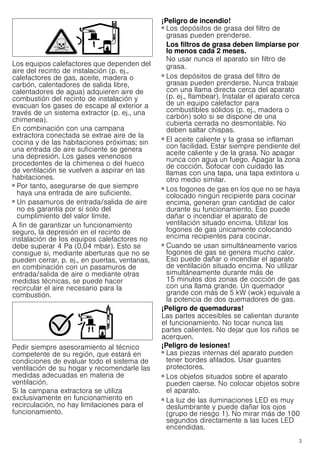 3
Los equipos calefactores que dependen del
aire del recinto de instalación (p. ej.,
calefactores de gas, aceite, madera o
carbón, calentadores de salida libre,
calentadores de agua) adquieren aire de
combustión del recinto de instalación y
evacuan los gases de escape al exterior a
través de un sistema extractor (p. ej., una
chimenea).
En combinación con una campana
extractora conectada se extrae aire de la
cocina y de las habitaciones próximas; sin
una entrada de aire suficiente se genera
una depresión. Los gases venenosos
procedentes de la chimenea o del hueco
de ventilación se vuelven a aspirar en las
habitaciones.
■ Por tanto, asegurarse de que siempre
haya una entrada de aire suficiente.
■ Un pasamuros de entrada/salida de aire
no es garantía por sí solo del
cumplimiento del valor límite.
A fin de garantizar un funcionamiento
seguro, la depresión en el recinto de
instalación de los equipos calefactores no
debe superar 4 Pa (0,04 mbar). Esto se
consigue si, mediante aberturas que no se
pueden cerrar, p. ej., en puertas, ventanas,
en combinación con un pasamuros de
entrada/salida de aire o mediante otras
medidas técnicas, se puede hacer
recircular el aire necesario para la
combustión.
Pedir siempre asesoramiento al técnico
competente de su región, que estará en
condiciones de evaluar todo el sistema de
ventilación de su hogar y recomendarle las
medidas adecuadas en materia de
ventilación.
Si la campana extractora se utiliza
exclusivamente en funcionamiento en
recirculación, no hay limitaciones para el
funcionamiento.
¡Peligro de incendio!
■ Los depósitos de grasa del filtro de
grasas pueden prenderse.
Los filtros de grasa deben limpiarse por
lo menos cada 2 meses.
No usar nunca el aparato sin filtro de
grasa.
¡Peligro de incendio!
■ Los depósitos de grasa del filtro de
grasas pueden prenderse. Nunca trabaje
con una llama directa cerca del aparato
(p. ej., flambear). Instalar el aparato cerca
de un equipo calefactor para
combustibles sólidos (p. ej., madera o
carbón) solo si se dispone de una
cubierta cerrada no desmontable. No
deben saltar chispas.
¡Peligro de incendio!
■ El aceite caliente y la grasa se inflaman
con facilidad. Estar siempre pendiente del
aceite caliente y de la grasa. No apagar
nunca con agua un fuego. Apagar la zona
de cocción. Sofocar con cuidado las
llamas con una tapa, una tapa extintora u
otro medio similar.
¡Peligro de incendio!
■ Los fogones de gas en los que no se haya
colocado ningún recipiente para cocinar
encima, generan gran cantidad de calor
durante su funcionamiento. Eso puede
dañar o incendiar el aparato de
ventilación situado encima. Utilizar los
fogones de gas únicamente colocando
encima recipientes para cocinar.
¡Peligro de incendio!
■ Cuando se usan simultáneamente varios
fogones de gas se genera mucho calor.
Eso puede dañar o incendiar el aparato
de ventilación situado encima. No utilizar
simultáneamente durante más de
15 minutos dos zonas de cocción de gas
con una llama grande. Un quemador
grande con más de 5 kW (wok) equivale a
la potencia de dos quemadores de gas.
¡Peligro de quemaduras!
Las partes accesibles se calientan durante
el funcionamiento. No tocar nunca las
partes calientes. No dejar que los niños se
acerquen.
¡Peligro de lesiones!
■ Las piezas internas del aparato pueden
tener bordes afilados. Usar guantes
protectores.
¡Peligro de lesiones!
■ Los objetos situados sobre el aparato
pueden caerse. No colocar objetos sobre
el aparato.
¡Peligro de lesiones!
■ La luz de las iluminaciones LED es muy
deslumbrante y puede dañar los ojos
(grupo de riesgo 1). No mirar más de 100
segundos directamente a las luces LED
encendidas.
 