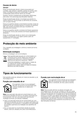 25
Causas de danos
Atenção!
Perigo de danificação devido a danos provocados por
corrosão. Ligar sempre o aparelho quando se cozinha, para
evitar a formação de água de condensação. A água de
condensação pode provocar danos de corrosão.
Substituir sempre imediatamente as lâmpadas defeituosas,
para evitar uma sobrecarga das lâmpadas restantes.
Perigo de danificação devido a humidade que penetra no
sistema eletrónico. Nunca limpar os elementos de comando
com um pano húmido.
Danos na superfície devido a uma limpeza incorreta. Limpar as
superfícies de aço inoxidável apenas no sentido do polimento.
Não usar produto de limpeza para aço inoxidável nos
elementos de comando.
Danos na superfície devido a produtos de limpeza agressivos
ou abrasivos. Nunca usar produtos de limpeza agressivos ou
abrasivos.
Perigo de danificação devido ao retorno de condensação.
Instalar a conduta de ar com ligeira queda a partir do
equipamento (1ª inclinação).
Protecção do meio ambiente
Tire o aparelho da embalagem e elimine a mesma de forma
ecológica.
Eliminação ecológica
Elimine a embalagem de forma ecológica.
Tipos de funcionamento
Este aparelho pode ser utilizado em modo de exaustão ou de
recirculação de ar.
Função com exaustão de ar
Nota: O ar evacuado não pode ser encaminhado por uma
chaminé de exaustão de fumos ou de gases queimados em
funcionamento, nem por uma caixa de ar que sirva de
ventilação de locais com lareiras instaladas.
■ Caso o ar evacuado tenha de ser encaminhado por uma
chaminé de exaustão de fumos ou de gases queimados que
não esteja em funcionamento, é necessária uma autorização
da entidade supervisora da instalação dos aparelhos de
queima.
■ Se o ar evacuado for encaminhado através da parede
exterior, deve ser utilizada uma caixa mural telescópica.
Função com recirculação de ar
Nota: Para se poder eliminar os odores na função com
recirculação de ar, tem que ser montado um filtro de carvão
activo. Para poder tirar proveito das diversas possibilidades de
utilização do aparelho em circulação de ar, leia os prospectos
anexos ou consulte o seu agente especializado. Os acessórios
necessários para o efeito podem ser adquiridos no comércio
especializado, nos Serviços Técnicos ou na loja Online. Os
números de referência dos acessórios encontram-se no final
das Instruções de Serviço.
Este aparelho está marcado em conformidade com
a Directiva 2012/19/UE relativa aos resíduos de
equipamentos eléctricos e electrónicos (waste
electrical and electronic equipment - WEEE).
A directiva estabelece o quadro para a criação de
um sistema de recolha e valorização dos
equipamentos usados válido em todos os Estados
Membros da União Europeia.
O ar aspirado é limpo na sua passagem
pelo filtro de gordura e encaminhado para
o exterior através de um sistema de
tubagem.
O ar aspirado é limpo através da sua passagem
pelo filtro de gorduras e pelo filtro de carvão
activo e conduzido, de novo, para a cozinha.
 