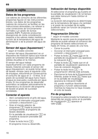es
18
Datos de los programas
Los valores de consumo de los diferentes
programas figuran en las instrucciones
breves. Los datos de los programas
(valores de consumo) se facilitan en las
instrucciones abreviadas y se refieren a
unas condiciones de funcionamiento
normales y un grado de dureza
ajustado : . Pudiendo producirse
divergencias de cierta consideración
respecto a los valores reales medidos en
función de la temperatura del agua de
alimentación o de la presión del agua de
red.
Sensordelagua(Aquasensor)Sensor del agua (Aquasensor) *
* según el modelo concreto
El sensor del agua (Aquasensor) es un
dispositivo de medición óptico que mide el
grado de turbiedad del agua (partículas
sólidas disueltas en la misma).
El sensor del agua trabaja
específicamente con cada programa de
lavado. Estando activado el sensor del
agua (Aquasensor), se puede tomar agua
de lavado «limpia» para el siguiente ciclo
de enjuague, reduciendo en consecuencia
el consumo de agua en 3 – 6 litros. Si el
grado de suciedad del agua fuera mayor,
el agua es evacuada y sustituida por agua
limpia. En los programas de desarrolla
automático se adaptan adicionalmente la
temperatura y la duración del programa
de lavado al grado de suciedad
constatado.
Conectar el aparato
– Abrir completamente el grifo del agua.
– Accionar el interruptor principal para
conexión y desconexión (.
– Girar el mando selector de
programas 8 hasta la posición
correspondiente al programa de
lavado deseado.
En la pantalla de visualización H se
muestra la duración previsible del
programa.
– Pulsar la tecla Inicio @.
El programa inicia su desarrollo.
Indicación del tiempo disponible
Al seleccionar el programa se muestra en
la pantalla de visualización H el tiempo
que debe transcurrir hasta concluir el
programa.
La duración del programa es determinada
por la temperatura del agua y la cantidad
y el grado de suciedad de la vajilla,
pudiendo variar (en función de programa
seleccionado).
ProgramaciónDiferidaProgramación Diferida *
* según el modelo concreto
Mediante la opción para la programación
diferida se puede retrasar el comienzo del
programa de lavado seleccionado en
hasta 24 horas, en pasos de una hora.
– Cerrar la puerta.
– Accionar el interruptor principal para
conexión y desconexión (.
– Pulsar la tecla P hasta que en la
pantalla de visualización H aparezca
la indicación : .
– Pulsar la tecla P hasta que en al
pantalla de visualización aparezca la
hora de conexión deseada.
– Pulsar la tecla Inicio @ – la
programación diferida está activada.
– Para borrar la hora de la Programación
Diferida, pulsar la tecla P hasta que
en la pantalla de visualización
aparezca la indicación : .
Vd. puede modificar libremente el
programa o función seleccionada
mientras la máquina no haya iniciado
el ciclo de lavado.
Fin de programa
El programa seleccionado ha finalizado su
desarrollo tan pronto como en la pantalla
de visualización H aparece el
valor : .
Lavar la vajilla
 