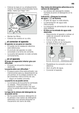 es
23
– Colocar la tapa en su emplazamiento
original. Encajarla presionándola hacia
abajo, hasta que haga “clic”.
– Montar los filtros.
– Colocar los cestos en su sitio.
... al conectar el aparato
El aparato no se pone en marcha
– El fusible de la instalación eléctrica
está defectuoso.
– El enchufe del aparato no está
conectado a la toma de corriente.
– La puerta del aparato no está cerrada
correctamente.
... en el aparato
El brazo de aspersión inferior gira con
dificultad.
– El brazo se encuentra trabado u
obstruido.
La puerta abre con dificultad. *
– El seguro para niños está activado. Las
instrucciones para su desactivación se
encuentran en la solapa posterior de
las presentes instrucciones de uso.
* según el modelo concreto
La puerta no se puede cerrar.
– La cerradura de la puerta ha cambiado
su estado. Para proceder a la
reposición (puesta a cero) hay que
cerrar la puerta ejerciendo una mayor
fuerza.
La tapa de la cámara del detergente no
se puede cerrar.
– Se ha puesto excesivo detergente en
la cámara o los restos de detergente
adheridos a la cámara bloquean el
mecanismo de cierre de ésta.
Hay restos de detergente adheridos en la
cámara de detergente.
– La cámara del detergente estaba
húmeda al poner el detergente en la
misma.
Indicación «Chequee la entrada
de agua» ) se ilumina.
– El grifo de agua no está abierto.
– La alimentación de agua está
interrumpida.
– La manguera de alimentación de agua
está doblada.
– El filtro en la entrada de agua está
obstruido.
– Desconectar el aparato y extraer el
cable de conexión de la toma
de corriente.
– Cerrar el grifo del agua.
– Limpiar el filtro en la manguera
de alimentación del agua.
– Restablecer la conexión a la red
eléctrica.
– Abrir el grifo de agua.
– Conectar el aparato.
 
.OLFN
 