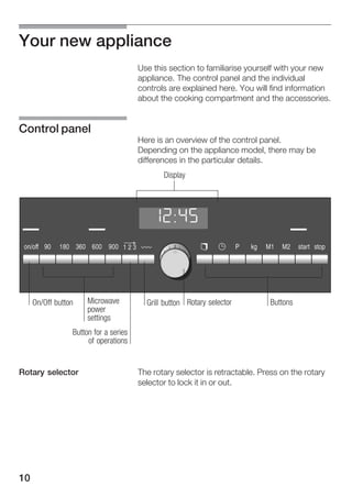 10
Your new appliance
Use this section to familiarise yourself with your new
appliance. The control panel and the individual
controls are explained here. You will find information
about the cooking compartment and the accessories.
Here is an overview of the control panel.
Depending on the appliance model, there may be
differences in the particular details.
Display
Rotary selector ButtonsMicrowave
power
settings
Button for a series
of operations
On/Off button Grill button
The rotary selector is retractable. Press on the rotary
selector to lock it in or out.
Control panel
Rotary selector
 
