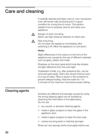 30
Care and cleaning
If carefully cleaned and taken care of, your microwave
oven will remain fully functional and in a good
condition for a long time to come. This section
explains how to properly care for and clean your
appliance.
Danger of shortĆcircuiting.
Never use highĆpressure cleaners or steam jets.
Risk of burning.
Do not clean the appliance immediately after
switching it off. Allow the appliance to cool down.
Notes
Slight differences in the colours on the front of the
appliance are caused by the use of different materials,
such as glass, plastic and metal.
Shadows on the door panel which look like streaks
are light reflections from the oven light.
Unpleasant smells, e.g. after preparing fish, can be
removed quite easily. Add a few drops of lemon juice
to a cup of water. Place a spoon in the container to
prevent delayed boiling. Heat the water for 1 to
2 minutes at the maximum microwave power setting.
Surfaces are different and damage caused by using
the wrong cleaning agent can be avoided by
observing the information in the table below.
Do not use:
H any caustic or abrasive cleaning agents.
H metal or glass scrapers to clean the glass in the
appliance door.
H metal or glass scrapers to clean the door seal.
H coarse scouring pads or cleaning sponges.
Rinse out new sponge cloths thoroughly before use.
d
d
Cleaning agents
 