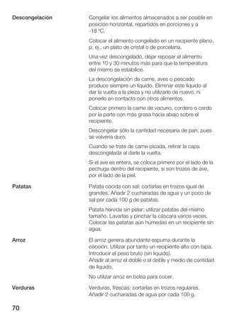 70
Congelar los alimentos almacenados a ser posible en
posición horizontal, repartidos en porciones y a
Ć18 ºC.
Colocar el alimento congelado en un recipiente plano,
p. ej., un plato de cristal o de porcelana.
Una vez descongelado, dejar reposar el alimento
entre 10 y 30 minutos más para que la temperatura
del mismo se estabilice.
La descongelación de carne, aves o pescado
produce siempre un líquido. Eliminar este líquido al
dar la vuelta a la pieza y no utilizarlo de nuevo, ni
ponerlo en contacto con otros alimentos.
Colocar primero la carne de vacuno, cordero o cerdo
por la parte con más grasa hacia abajo sobre el
recipiente.
Descongelar sólo la cantidad necesaria de pan, pues
se volvería duro.
Cuando se trate de carne picada, retirar la capa
descongelada al darle la vuelta.
Si el ave es entera, se coloca primero por el lado de la
pechuga dentro del recipiente, si son trozos de ave,
por el lado de la piel.
Patata cocida con sal: cortarlas en trozos igual de
grandes. Añadir 2 cucharadas de agua y un poco de
sal por cada 100 g de patatas.
Patata hervida sin pelar: utilizar patatas del mismo
tamaño. Lavarlas y pinchar la cáscara varios veces.
Colocar las patatas aún húmedas en un recipiente sin
agua.
El arroz genera abundante espuma durante la
cocción. Utilizar por tanto un recipiente alto con tapa.
Introducir el peso bruto (sin líquido).
Añadir al arroz el doble o el doble y medio de cantidad
de líquido.
No utilizar arroz en bolsa para cocer.
Verduras, frescas: cortarlas en trozos regulares.
Añadir 2 cucharadas de agua por cada 100 g.
Descongelación
Patatas
Arroz
Verduras
 
