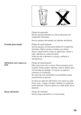 99
Perigo de explosão!
Nunca aqueça bebidas ou outros alimentos em
recipientes fechados.
Nunca aqueça demasiado as bebidas alcoólicas.
Perigo de queimaduras!
Nunca aqueça comida para bebés em recipientes
fechados. Retire sempre a tampa ou a tetina.
Após o aquecimento mexa ou agite bem. Assim o
calor distribuiĆse uniformemente.
Antes de dar o alimento à criança, verifique a
temperatura.
Perigo de queimaduras!
Não coza ovos com a casca. Nunca aqueça ovos
cozidos. Estes podem rebentar mesmo depois de o
microondas se desligar. O mesmo se aplica a
mariscos e crustáceos.
No caso de ovos estrelados ou escalfados pique
previamente as gemas.
A casca ou pele dos alimentos com casca ou pele
firme, p.ex., maçãs, tomates, batatas ou salsichas,
pode rebentar. Pique a casca ou a pele antes de os
aquecer.
Perigo de incêndio!
Nunca seque alimentos no microondas.
Comida para bebés
Alimentos com casca ou
pele
Secar alimentos
 