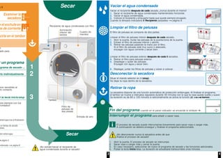 3 4
rlo individualmente
Examinar la
secadora
cirla en el tambor
7.
ado para
a 8
r un programa
ograma de secado ...
r la tecla inicio/stop
r el enchufe en
ma de corriente
son sensibles al
ro contacto.
3
2
1
Secar
Secar
Recipiente de agua condensada con filtro
Cuadro de
mandos
Entrada de aire
Filtro de
pelusas de
dos piezas
Tambor
ora siempre con los
montados!
¡No extraer/vaciar el recipiente de
agua condensada durante el secado!
Iluminación
interior del
tambor
antiarrugas tras la finalización
un tiempo de secado
cetato.
ción antiarrugas.
página 4.
ondensada página 9.
Fin del programa cuando en el panel indicador se enciende el símbolo .
Interrumpir el programa para añadir o sacar ropa.
El proceso de secado puede interrumpirse brevemente para sacar ropa o cargar más.
A continuación se deberá proseguir y finalizar el programa seleccionado.
¡No desconectar nunca la secadora antes de que
finalice el proceso de secado!
1. Abrir la puerta. El proceso de secado se interrumpe.
2. Sacar ropa o cargar más y cerrar la puerta.
3. En caso necesario, seleccionar de nuevo el programa de secado y las funciones adicionales.
4. Pulsar la tecla inicio/stop. La duración se actualizará transcurridos unos minutos.
Vaciar el agua condensada
Vaciar el recipiente después de cada secado, ¡nunca durante el mismo!
1. Sacar el recipiente de agua condensada manteniéndolo horizontal.
2. Vaciar el agua condensada.
3. Colocar el recipiente y empujarlo hasta que quede siempre encajado.
Cuando la lámpara indicadora Recipiente parpadea página 9.
Limpiar el filtro de pelusas
El filtro de pelusas se compone de dos partes.
Limpiar el filtro de pelusas interior después de cada secado.
1. Abrir la puerta. Quitar las pelusas de la puerta/zona de la puerta.
2. Extraer el filtro de pelusas interior y abrirlo.
3. Retirar las pelusas pasando la mano por el filtro.
Si el filtro de pelusas está muy sucio o atascado,
enjuagar con agua corriente y secar bien.
Limpiar el filtro de pelusas exterior después de cada 5 secados.
4. Retirar el filtro para pelusas exterior.
5. Desplegar y quitar las pelusas.
Enjuagar con agua y secar bien.
6. Replegar, juntar los filtros de pelusas y volver a colocar.
Desconectar la secadora
Situar el mando selector en (stop).
No dejar la ropa dentro de la secadora.
Retirar la ropa
La secadora dispone de una función automática de protección antiarrugas. Al finalizar el programa,
el tambor se mueve a intervalos regulares durante 30 minutos con lo que la ropa queda suelta y suave
(la duración es de 60 o 120 minutos si adicionalmente se activa la función menos).
 
