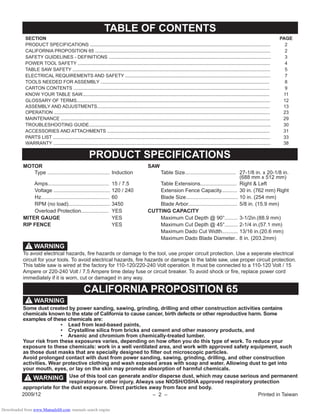 – 2 –
TABLE OF CONTENTS
SECTION PAGE
PRODUCT SPECIFICATIONS .......................................................................................................................................... 2
CALIFORNIA PROPOSITION 65 ...................................................................................................................................... 2
SAFETY GUIDELINES - DEFINITIONS ............................................................................................................................ 3
POWER TOOL SAFETY ................................................................................................................................................... 4
TABLE SAW SAFETY ....................................................................................................................................................... 5
ELECTRICAL REQUIREMENTS AND SAFETY ............................................................................................................... 7
TOOLS NEEDED FOR ASSEMBLY ................................................................................................................................. 8
CARTON CONTENTS ...................................................................................................................................................... 9
KNOW YOUR TABLE SAW............................................................................................................................................... 11
GLOSSARY OF TERMS.................................................................................................................................................... 12
ASSEMBLY AND ADJUSTMENTS.................................................................................................................................... 13
OPERATION ..................................................................................................................................................................... 23
MAINTENANCE ................................................................................................................................................................ 29
TROUBLESHOOTING GUIDE........................................................................................................................................... 30
ACCESSORIES AND ATTACHMENTS ............................................................................................................................ 31
PARTS LIST ...................................................................................................................................................................... 33
WARRANTY ...................................................................................................................................................................... 38
WARNING!
To avoid electrical hazards, ﬁre hazards or damage to the tool, use proper circuit protection. Use a seperate electrical
circuit for your tools. To avoid electrical hazards, ﬁre hazards or damage to the table saw, use proper circuit protection.
This table saw is wired at the factory for 110-120/220-240 Volt operation. It must be connected to a 110-120 Volt / 15
Ampere or 220-240 Volt / 7.5 Ampere time delay fuse or circuit breaker. To avoid shock or ﬁre, replace power cord
immediately if it is worn, cut or damaged in any way.
CALIFORNIA PROPOSITION 65
Some dust created by power sanding, sawing, grinding, drilling and other construction activities contains
chemicals known to the state of California to cause cancer, birth defects or other reproductive harm. Some
examples of these chemicals are:
• Lead from lead-based paints,
• Crystalline silica from bricks and cement and other masonry products, and
• Arsenic and chromium from chemically-treated lumber.
Your risk from these exposures varies, depending on how often you do this type of work. To reduce your
exposure to these chemicals: work in a well ventilated area, and work with approved safety equipment, such
as those dust masks that are specially designed to ﬁlter out microscopic particles.
Avoid prolonged contact with dust from power sanding, sawing, grinding, drilling, and other construction
activities. Wear protective clothing and wash exposed areas with soap and water. Allowing dust to get into
your mouth, eyes, or lay on the skin may promote absorption of harmful chemicals.
Use of this tool can generate and/or disperse dust, which may cause serious and permanent
respiratory or other injury. Always use NIOSH/OSHA approved respiratory protection
appropriate for the dust exposure. Direct particles away from face and body.
WARNING!
2009/12
WARNING!
MOTOR SAW
Type ........................................... Induction Table Size................................... 27-1/8 in. x 20-1/8 in.
(688 mm x 512 mm)
Amps.......................................... 15 / 7.5 Table Extensions......................... Right & Left
Voltage ....................................... 120 / 240 Extension Fence Capacity........... 30 in. (762 mm) Right
Hz............................................... 60 Blade Size.................................... 10 in. (254 mm)
RPM (no load)............................. 3450 Blade Arbor.................................. 5/8 in. (15.9 mm)
Overload Protection................... YES CUTTING CAPACITY
MITER GAUGE YES Maximum Cut Depth @ 90°......... 3-1/2in.(88.9 mm)
RIP FENCE YES Maximum Cut Depth @ 45°......... 2-1/4 in.(57.1 mm)
Maximum Dado Cut Width........... 13/16 in.(20.6 mm)
Maximum Dado Blade Diameter.. 8 in. (203.2mm)
Printed in Taiwan
PRODUCT SPECIFICATIONS
Downloaded from www.Manualslib.com manuals search engine
 
