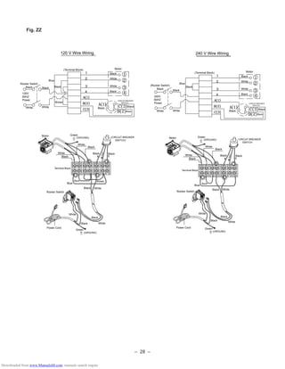 – 28 –
Fig. ZZ
Black Black
120V
60HZ
Power
Rocker Switch
White White
Blue
Black
Brown
(Terminal Block)
Black
Motor
White
White
Black
Black
Black
Black
(CIRCUIT BREAKER
SWITCH)
Black
(Rocker Switch)
240V
60HZ
Power
(Terminal Block)
White White
Black
Blue
Black
Black
Motor
White
White
Black
Black
Black
Black
(CIRCUIT BREAKER
SWITCH)
Motor Green
(GROUND) (CIRCUIT BREAKER
SWITCH)
Black
White
White
Black
Black
Black
Black
Terminal Block
Rocker Switch
Blue
Black
Black
Brown
White
Power Cord
White
Black
WhiteBlack
Green
(GROUND)
Motor Green
(GROUND) CIRCUIT BREAKER
SWITCH
Black
White
White
Black
Black
Black
Black
Terminal Block
Rocker Switch
Blue
Black
Black White
Power Cord
White
Black
WhiteBlack
Green
(GROUND)
120 V Wire Wiring 240 V Wire Wiring
Downloaded from www.Manualslib.com manuals search engine
 