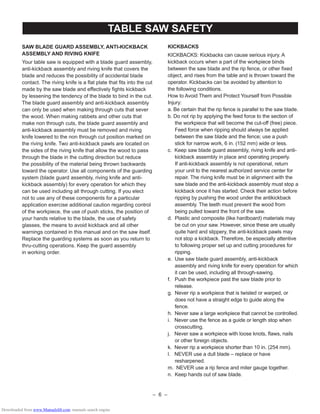 – 6 –
TABLE SAW SAFETY
SAW BLADE GUARD ASSEMBLY, ANTI-KICKBACK
ASSEMBLY AND RIVING KNIFE
Your table saw is equipped with a blade guard assembly,
anti-kickback assembly and riving knife that covers the
blade and reduces the possibility of accidental blade
contact. The riving knife is a ﬂat plate that ﬁts into the cut
made by the saw blade and effectively ﬁghts kickback
by lessening the tendency of the blade to bind in the cut.
The blade guard assembly and anti-kickback assembly
can only be used when making through cuts that sever
the wood. When making rabbets and other cuts that
make non through cuts, the blade guard assembly and
anti-kickback assembly must be removed and riving
knife lowered to the non through cut position marked on
the riving knife. Two anti-kickback pawls are located on
the sides of the riving knife that allow the wood to pass
through the blade in the cutting direction but reduce
the possibility of the material being thrown backwards
toward the operator. Use all components of the guarding
system (blade guard assembly, riving knife and anti-
kickback assembly) for every operation for which they
can be used including all through cutting. If you elect
not to use any of these components for a particular
application exercise additional caution regarding control
of the workpiece, the use of push sticks, the position of
your hands relative to the blade, the use of safety
glasses, the means to avoid kickback and all other
warnings contained in this manual and on the saw itself.
Replace the guarding systems as soon as you return to
thru-cutting operations. Keep the guard assembly
in working order.
KICKBACKS
KICKBACKS: Kickbacks can cause serious injury. A
kickback occurs when a part of the workpiece binds
between the saw blade and the rip fence, or other ﬁxed
object, and rises from the table and is thrown toward the
operator. Kickbacks can be avoided by attention to
the following conditions.
How to Avoid Them and Protect Yourself from Possible
Injury:
a. Be certain that the rip fence is parallel to the saw blade.
b. Do not rip by applying the feed force to the section of
the workpiece that will become the cut-off (free) piece.
Feed force when ripping should always be applied
between the saw blade and the fence; use a push
stick for narrow work, 6 in. (152 mm) wide or less.
c. Keep saw blade guard assembly, riving knife and anti-
kickback assembly in place and operating properly.
If anti-kickback assembly is not operational, return
your unit to the nearest authorized service center for
repair. The riving knife must be in alignment with the
saw blade and the anti-kickback assembly must stop a
kickback once it has started. Check their action before
ripping by pushing the wood under the antikickback
assembly. The teeth must prevent the wood from
being pulled toward the front of the saw.
d. Plastic and composite (like hardboard) materials may
be cut on your saw. However, since these are usually
quite hard and slippery, the anti-kickback pawls may
not stop a kickback. Therefore, be especially attentive
to following proper set up and cutting procedures for
ripping.
e. Use saw blade guard assembly, anti-kickback
assembly and riving knife for every operation for which
it can be used, including all through-sawing.
f. Push the workpiece past the saw blade prior to
release.
g. Never rip a workpiece that is twisted or warped, or
does not have a straight edge to guide along the
fence.
h. Never saw a large workpiece that cannot be controlled.
i. Never use the fence as a guide or length stop when
crosscutting.
j. Never saw a workpiece with loose knots, ﬂaws, nails
or other foreign objects.
k. Never rip a workpiece shorter than 10 in. (254 mm).
l. NEVER use a dull blade – replace or have
resharpened.
m. NEVER use a rip fence and miter gauge together.
n. Keep hands out of saw blade.
Downloaded from www.Manualslib.com manuals search engine
 