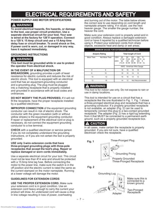 – 7 –
ELECTRICAL REQUIREMENTS AND SAFETY
POWER SUPPLY AND MOTOR SPECIFICATIONS
To avoid electrical hazards, ﬁre hazards, or damage
to the tool, use proper circuit protection. Use a
seperate electrical circuit for your tool. Your saw
is wired at the factory for 120 V operation. Connect
to a 120 V, 15 Amp circuit and use a 15 Amp time
delay fuse or circuit breaker. To avoid shock or ﬁre,
if power cord is worn, cut, or damaged in any way,
have it replaced immediately.
GROUNDING INSTRUCTIONS
This tool must be grounded while in use to protect
the operator from electrical shock.
IN THE EVENT OF A MALFUNCTION OR
BREAKDOWN, grounding provides a path of least
resistance for electric currents and reduces the risk of
electric shock. This tool is equipped with an electrical
cord that has an equipment-grounding conductor
and a grounding plug. The plug must be plugged
into a matching receptacle that is properly installed
and grounded in accordance with all local codes and
ordinances.
DO NOT MODIFY THE PLUG PROVIDED. If it will not
ﬁt the receptacle, have the proper receptacle installed
by a qualiﬁed electrician.
IMPROPER CONNECTION of the equipment grounding
conductor can result in risk of electric shock. The
conductor with the green insulation (with or without
yellow stripes) is the equipment grounding conductor.
If repair or replacement of the electrical cord or plug is
necessary, do not connect the equipment grounding
conductor to a live terminal.
CHECK with a qualiﬁed electrician or service person
if you do not completely understand the grounding
instructions, or if you are not certain the tool is properly
grounded.
USE only 3-wire extension cords that have
three-pronged grounding plugs with three-pole
receptacles that accept the tool’s plug. Repair or
replace damaged or worn cords immediately.
Use a separate electrical circuit for your tool. This circuit
must not be less than #14 wire and should be protected
with a 15 Amp time lag fuse. Before connecting the
motor to the power line, make sure the switch is in the
off position and the electric current is rated the same as
the current stamped on the motor nameplate. Running
at a lower voltage will damage the motor.
GUIDELINES FOR EXTENSION CORDS
USE THE PROPER EXTENSION CORD. Make sure
your extension cord is in good condition. Use an
extension cord heavy enough to carry the current your
product will draw. An undersized cord will cause a drop
in line voltage resulting in loss of power, overheating
WARNING!
WARNING!
Fig. 1
Fig. 2
Three-Pronged Plug
Grounding Prong
Properly Grounded
Three-Pronged Receptacle
Grounding Lug
Make sure this is
connected to a
known ground.
Two-Pronged
ReceptacleAdapter
and burning out of the motor. The table below shows
the correct size to use depending on cord length and
nameplate ampere rating. If in doubt, use the next
heavier gauge. The smaller the gauge number, the
heavier the cord.
Make sure your extension cord is properly wired and in
good condition. Always replace a damaged extension
cord or have it repaired by a qualiﬁed technician before
using it. Protect your extension cords from sharp
objects, excessive heat and damp or wet areas.
This tool is for indoor use only. Do not expose to rain or
use in damp locations.
This tool is intended for use on a circuit that has a
receptacle like the one illustrated in Fig. 1. Fig. 1 shows
a three-pronged electrical plug and receptacle that has a
grounding conductor. If a properly grounded receptacle
is not available, an adapter (Fig. 2) can be used to
temporarily connect this plug to a two-contact grounded
receptacle. The adapter (Fig. 2) has a rigid lug extending
from it that MUST be connected to a permanent earth
ground, such as a properly grounded receptacle box.
In all cases, make certain the receptacle is properly
grounded. If you are not sure, have a qualiﬁed
electrician check the receptacle.
WARNING!
CAUTION!
MINIMUM GAUGE FOR EXTENSION CORDS (AWG)
Ampere Rating Total length of Cord
More Than Not More Than 120V 25 50 100 150 ft.
(7.62 15.24 30.48 45.72 m)
240V 50 100 200 300 ft.
(15.24 30.48 60.96 91.44 m)
AWG - American Wire Gauge
0 6 18 16 16 14
6 10 18 16 14 12
10 12 16 16 14 12
12 16 14 12 Not Recommended
Downloaded from www.Manualslib.com manuals search engine
 