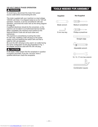 – 8 –
TOOLS NEEDED FOR ASSEMBLY
Supplied Not Supplied
Medium screwdriver
Phillips screwdriver
Straight edge
Adjustable wrench
Combination square
6 mm hex key
240 VOLT SINGLE PHASE OPERATION
To avoid injury, disconnect the motor from power
source outlet before reconnecting the wire.
The motor supplied with your machine is a dual voltage,
120/240 volt motor. It is shipped ready-to-run for 120 volt
operation. However, it can be converted for 240 volt
operation, reconnect the motor wire as the wiring diagram
on page 28.
A qualiﬁed electrician should do the conversion, or the
machine can be taken to an Authorized Service Center.
When completed, the machine must conform to the
National Electric Code and all local codes and
ordinances.
The machine is converted by re-wiring the motor
for 240 volts, installing a 240 volt plug on the power
supply cord and replacing the switch with one that is
rated for 240 volt operation.
Be sure the 240 volt plug is only used in an outlet having
the same conﬁguration as the plug illustrated in Fig. 1.
No adapter should be used with the 240 volt plug.
In all cases, make certain that the receptacle in question
is properly grounded. If you are not sure, have a
qualiﬁed electrician check the receptacle.
WARNING!
CAUTION!
10, 13, 17 mm hex wrench
Blade wrench
Downloaded from www.Manualslib.com manuals search engine
 