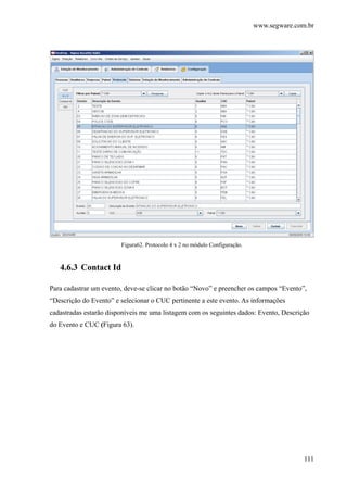 www.segware.com.br
111
Figura62. Protocolo 4 x 2 no módulo Configuração.
4.6.3 Contact Id
Para cadastrar um evento, deve-se clicar no botão “Novo” e preencher os campos “Evento”,
“Descrição do Evento” e selecionar o CUC pertinente a este evento. As informações
cadastradas estarão disponíveis me uma listagem com os seguintes dados: Evento, Descrição
do Evento e CUC (Figura 63).
 