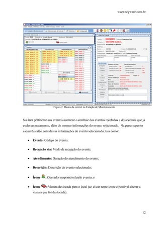 www.segware.com.br
12
Figura 2. Dados da central na Estação de Monitoramento
Na área pertinente aos eventos acontece o controle dos eventos recebidos e dos eventos que já
estão em tratamento, além de mostrar informações do evento selecionado. Na parte superior
esquerda estão contidas as informações do evento selecionado, tais como:
• Evento: Código do evento;
• Recepção via: Modo de recepção do evento;
• Atendimento: Duração do atendimento do evento;
• Descrição: Descrição do evento selecionado;
• Ícone : Operador responsável pelo evento; e
• Ícone : Viatura deslocada para o local (ao clicar neste ícone é possível alterar a
viatura que foi deslocada).
 