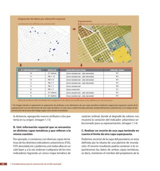 1. Consideraciones para la construcción de un SIG municipal28
la distancia, agregando nuevos atributos a los que
tenía en su origen. (imagen 1.13)
B. Unir información espacial que se encuentra
en distintas capas temáticas y que refieren a la
misma cuestión.
Por ejemplo, si contamos con diversas capas temá-
ticas de los distintos indicadores urbanísticos (FOS,
FOT, densidad, etc.) podemos unir todas ellas en un
solo layer y a la vez ordenan cualquiera de los tres
indicadores logrando un único mapa temático de
carácter ordinal, donde el degradé de colores nos
muestra la variación del indicador urbanístico se-
leccionado para su representación. (Imagen 1.14)
C. Realizar un recorte de una capa teniendo en
cuenta el límite de otra capa superpuesta.
Podemos recortar de la capa del parcelario un área
definida por la silueta de una planicie de inunda-
ción. El recorte resultante podría contener si lo re-
quiriéramos los datos de ambas capas temáticas,
es decir, mantener el nombre del propietario de la
1.16 Imagen donde se representa la asignación de atributos a los elementos de una capa temática mediante asignación espacial a partir de la
superposición con los elementos de otra capa temática. En este caso a determinadas parcelas (emprendimientos urbanísticos) se le asigna la de-
nominación de la zona del código según usos donde se localizan.
 