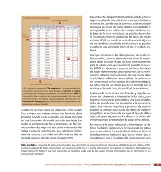 Dirección Provincial de Ordenamiento Urbano y Territorial Sistemas de Información Geográfica para el ordenamiento territorial 35
establecer diversos tipos de relaciones entre tablas.
Esos campos con valores únicos son llamados clave
primaria cuando están asociados a la tabla principal
o clave foránea en el caso de las tablas asociadas. Las
tablas se componen de filas y columnas. Las filas co-
rresponden a los registros asociados a elementos del
mapa o capa de información. Las columnas contie-
nen los campos o variables con distintas escalas de
medida según el tipo de datos. (imagen 2.07)
Los ambientes SIG permiten modificar, añadir y borrar
registros, además de crear y borrar campos. De todas
maneras, en caso de que la administración municipal
disponga de bases de datos (BBDD) consolidadas e
incorporadas a las rutinas de trabajo cotidiano (ej.:
la base de la tasa municipal), es posible desarrollar
el mantenimiento y la gestión de las BBDD de modo
externo al SIG, y cuando se necesita mapear algunas
de las variables contenidas en dicha base, es posible
establecer una conexión entre el SIG y la BBDD ex-
terna.
Los tipos de datos en las tablas pueden ser: texto, fe-
cha, numérico (entero, decimal) entre otros. Es impor-
tante saber escoger el tipo de dato correspondiente
para la información que queremos guardar en nues-
tra BBDD, así ahorramos espacio en disco. A la hora
de hacer determinados procesamientos de la infor-
mación, cálculos entre columnas de una misma tabla
o establecer relaciones entre tablas, la coherencia
en la estructura de los campos se vuelve estratégica.
La estructura de un campo puede se definida por el
nombre, el tipo de dato y la cantidad de caracteres.
Las bases de datos deben ser eficientes y respetar no-
ciones de coherencia e integración de los datos, para
lograr un manejo ágil de los datos. Una base de datos
debe ser planificada con antelación a la entrada de
datos. Los mismos requisitos y procesos de norma-
lización se aplican para bases de datos de carácter
geográfico, se recomienda escoger el tipo de datos
adecuado para representar los datos y se deben eli-
minar todo tipo de repetición de datos en las tablas.
En una base de datos relacional la información se ob-
tiene mediante operaciones de búsqueda en tablas
que se entrelazan. La cardinalidad define el tipo de
entrelazamiento (relación) que existe entre dos o
más datos en una o más bases de datos: relación uno
2.07 La imagen representa. Fila o registro: es la representación de
los distintos elementos de la base de datos. Columna o campo:
son los tipos de atributos que definen a cada elemento. Celda: la
intersección de un registro y un campo es una celda. La celda es el
elemento mínimo de trabajo y puede contener información o no.
Información de registros: Nos informa del total de elementos (re-
gistros) que contiene la tabla.
Base de datos: conjunto de datos estructurados para permitir su almacenamiento, consulta y utilización en un sistema infor-
matico. Las bases de datos relacionales son un caso concreto en el que la información se organiza en relaciones (llamadas mas
frecuentemente “tablas”) que son conjuntos de registros cada uno de los cuales integra información de un elemento en un
conjunto de“campos”.
 