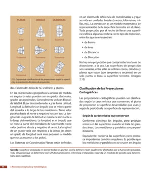 2.Nociones conceptuales y metodológicas46
das. Existen dos tipos de SC: esféricos y planos.
En las coordenadas geográficas la unidad de medida
es angular y estas pueden ser en grados decimales,
grados sexagesimales. Generalmente utilizan Elipsoi-
deWGS84. El par de coordenadas x, y se llama Latitud,
Longitud. La latitud es un ángulo que se mide a partir
del ecuador a lo largo de los meridianos. Tiene valor
positivo hacia el norte y negativo hacia el sur. La lon-
gitud de un grado de latitud se mantiene constante a
lo largo del meridiano. La longitud es el ángulo que
se mide a partir del meridiano de Greenwich. Tiene
valor positivo al este y negativo al oeste. La longitud
de un grado varía con respecto a la latitud (es decir:
un grado de longitud será más pequeño a medida
que nos acercamos a los polos).
Los Sistemas de Coordenadas Planas están definidos
en un sistema de referencia de coordenadas x, y que
se mide en unidades lineales (metros, kilómetros, mi-
llas, etc.). La proyección es un modelo matemático de
representación de la superficie terrestre en el plano.
Toda proyección, por el hecho de llevar una superfi-
cie esférica al plano conlleva cierto tipo de distorsión,
entre los que se encuentran:
de Formayy
de Áreayy
de Distanciayy
de Direcciónyy
No hay una proyección que corrija todas las clases de
distorsiones a la vez. Las superficies de proyección
son variadas, entre ellas se utilizan conos, cilindros y
planos que tocan (son tangentes o secantes) en un
solo punto, o línea la superficie terrestre. (imagen
2.15)
Clasificación de las Proyecciones
Cartográficas
Las proyecciones cartográficas pueden ser clasifica-
das según la característica que conservan, el plano
de proyección o superficie desarrollable que usan y
según la posición de la superficie de representación.
Según la característica que conservan
Conforme: conserva los ángulos, pero produce
errores en las superficies cuando se trata de gran-
des áreas. Los meridianos y paralelos son perpen-
diculares.
Equivalente: conserva las superficies pero produ-
ce importantes cambios angulares. Es posible que
los meridianos y paralelos no se crucen en ángulo
2.15 Esquema de clasificación de las proyecciones según la superfi-
cie y la orientación del plano de proyección.
Geoide: superficie ondulada en donde todos los puntos que la definen están igualmente afectados por la fuerza de gravedad.
Toda elevación que se determine con GPS tomando como referencia el elipsoide, necesita un modelo de geoide para determi-
narla con exactitud.
 