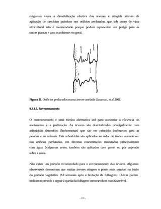 - 119 -
nalgumas vezes a desvitalização efectiva das árvores é atingida através de
aplicação de produtos químicos nos orifícios perfurados, que sob ponto de vista
silvicultural não é recomendado porque podem representar um perigo para as
outras plantas e para o ambiente em geral.
Figura 31. Orifícios perfurados numa árvore anelada (Louman, et al.,2001)
9.2.1.3. Envenenamento
O envenenamento é uma técnica alternativa útil para aumentar a eficiência do
anelamento e a perfuração. As árvores são desvitalizadas principalmente com
arboricidas sistémicos (fitohormonas) que são em principio inofensivos para as
pessoas e os animais. Tais arboricidas são aplicados ao redor do tronco anelado ou
nos orifícios perfurados, em diversas concentrações misturados principalmente
com água. Nalgumas vezes, também são aplicados com pincel ou por aspersão
sobre a casca.
Não existe um período recomendado para o envenenamento das árvores. Algumas
observações demostram que muitas árvores atingem o ponto mais sensível no início
do período vegetativo (2-3 semanas após a brotação da folhagem). Outras porém,
indicam o período a seguir à queda da folhagem como sendo o mais favorável.
 