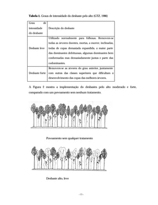 - 13 -
Tabela 1. Graus de intensidade do desbaste pelo alto (GTZ, 1986)
Grau de
intensidade
do desbaste
Descrição do desbaste
Desbaste leve
Utilizado normalmente para folhosas. Removem-se
todas as árvores doentes, mortas, a morrer, inclinadas,
todas de copas demasiada expandida, a maior parte
das dominantes defeituosas, algumas dominantes bem
conformadas mas demasiadamente juntas e parte das
codominantes.
Desbaste forte
Removem-se as árvores do grau anterior, juntamente
com outras das classes superiores que dificultam o
desenvolvimento das copas das melhores árvores.
A Figura 2 mostra a implementação do desbastes pelo alto moderado e forte,
comparado com um povoamento sem nenhum tratamento.
Povoamento sem qualquer tratamento
Desbaste alto, leve
 