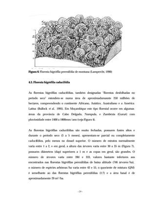 - 29 -
Figura 6. Floresta higrófila perenifólia de montana (Lamprecht, 1990)
4.3. Floresta higrófila caducifólia
As florestas higrófilas caducifólias, também designadas "florestas desfolhadas no
período seco" estendem-se numa área de aproximadamasnte 250 milhões de
hectares, compreendendo o continente Africano, Asiático, Australiano e a América
Latina (Bullock et al., 1995). Em Moçambique este tipo florestal ocorre em algumas
áreas da província de Cabo Delgado, Nampula, e Zambézia (Gurué) com
pluviosidade entre 1400 a 1800mm/ano (veja Figura 4).
As florestas higrófilas caducifólias são muito fechadas, possuem fustes altos e
durante o período seco (3 a 5 meses), apresentam-se parcial ou completamente
caducifólios, pelo menos no dossel superior. O número de estratos normalmente
varia entre 1 a 2, e em geral, a altura das árvores varia entre 30 a 35 m (Figura 7),
possuem diâmetros (dap) superiores a 1 m e as copas em geral, são grandes. O
número de árvores varia entre 284 e 333, valores bastante inferiores aos
encontrados nas florestas higrófilas perenifólias de baixa altitude (746 árvores/ha),
o número de espécies arbóreas/ha varia entre 42 e 55, o quociente de mistura (QM)
é semelhante ao das florestas higrófilas perenifólias (1:7) e a área basal é de
aproximadamente 29 m2/ha.
 