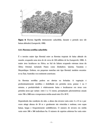 - 31 -
Figura 8: Floresta higrófila inteiramente caducifólia, durante o período seco (de
baixas altitudes) (Lamprecht, 1990).
4.3.1. Florestas xerófilas caducifólia
É o terceiro maior tipo florestal entre as florestas tropicais de baixa altitude do
mundo, ocupando uma área de de cerca de 530 milhões de ha (Lamprecht, 1990). A
maior área localiza-se na África, ao Sul do Sahara ocupando extensas áreas da
África Oriental, incluindo Países como Zimbabwe, Quénia, Tanzânia e
Moçambique. Embora, em pequenas manchas este tipo florestal, também encontra-
se na Ásia, Austrália e no continente americano.
As florestas xerófilas podem ser abertas ou fechadas. A vegetação é
predominantemente xerofítica e desfolhada em períodos secos, possue 1 ou 2
estratos, a produtividade é relativamente baixa e localizam-se em áreas com
períodos secos que variam entre 5 a 7.5 meses, precipitações pluviométricas anuais
entre 700 a 1000 mm e temperatura média anual entre 23 e 28 0C.
Dependendo das condições do sítio, a altura das árvores varia entre 4 a 12 m e por
vezes atinge alturas de 20 m e geralmente são retorcidas e nodosas, com copas
baixas, largas e frequentemente umbiliformes. O número de árvores em média
varia entre 200 e 300 indivíduos/ha. O número de espécies arbóreas/ha varia entre
 