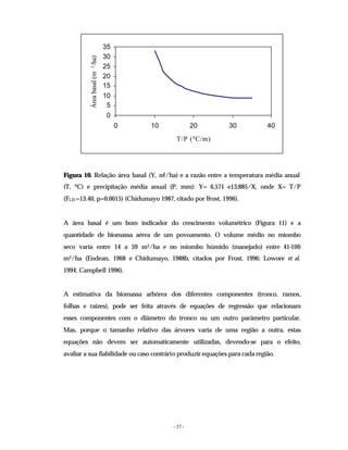 - 37 -
0
5
10
15
20
25
30
35
0 10 20 30 40
T/P (0
C/m)
Área
basal
(m
2
/ha)
Figura 10. Relação área basal (Y, m
2/ha) e a razão entre a temperatura média anual
(T, ºC) e precipitação média anual (P, mm): Y= 6,571 e13,885/X, onde X= T/P
(F1.21=13.40, p=0.0015) (Chidumayo 1987, citado por Frost, 1996).
A área basal é um bom indicador do crescimento volumétrico (Figura 11) e a
quantidade de biomassa aérea de um povoamento. O volume médio no miombo
seco varia entre 14 a 59 m3/ha e no miombo húmido (manejado) entre 41-100
m3/ha (Endean, 1968 e Chidumayo, 1988b, citados por Frost, 1996; Lowore et al.
1994; Campbell 1996).
A estimativa da biomassa arbórea dos diferentes componentes (tronco, ramos,
folhas e raízes), pode ser feita através de equações de regressão que relacionam
esses componentes com o diâmetro do tronco ou um outro parâmetro particular.
Mas, porque o tamanho relativo das árvores varia de uma região a outra, estas
equações não devem ser automaticamente utilizadas, devendo-se para o efeito,
avaliar a sua fiabilidade ou caso contrário produzir equações para cada região.
 