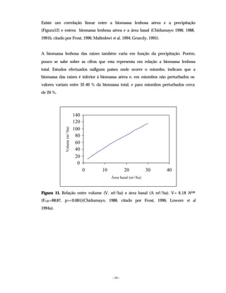 - 38 -
Existe um correlação linear entre a biomassa lenhosa aérea e a precipitação
(Figura12) e entrea biomassa lenhosa aérea e a área basal (Chidumayo 1990, 1988,
1991b, citado por Frost, 1996; Malimbwi et al., 1994; Grundy, 1995).
A biomassa lenhosa das raízes também varia em função da precipitação. Porém,
pouco se sabe sobre as cifras que esta representa em relação a biomassa lenhosa
total. Estudos efectuados nallguns países onde ocorre o miombo, indicam que a
biomassa das raízes é inferior à biomassa aérea e, em miombos não perturbados os
valores variam entre 32-40 % da biomassa total, e para miombos perturbados cerca
de 20 %.
0
20
40
60
80
100
120
140
0 10 20 30 40
Área basal (m2/ha)
Volume
(m
3
/ha)
Figura 11. Relação entre volume (V, m3/ha) e área basal (A m2/ha). V= 6,18 A0,86
(F1.62=88.87, p=<0.001)(Chidumayo, 1988, citado por Frost, 1996; Lowore et al
1994a).
 