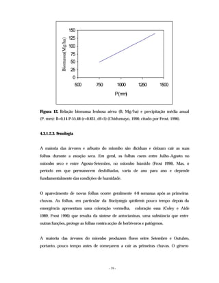 - 39 -
0
25
50
75
100
125
150
500 750 1000 1250 1500
P(m
m
)
Biomassa(Mg/ha)
Figura 12. Relação biomassa lenhosa aérea (B, Mg/ha) e precipitação média anual
(P, mm): B=0,14 P-55,48 (r=0.831, df=5) (Chidumayo, 1990, citado por Frost, 1996).
4.3.1.2.3. Fenologia
A maioria das árvores e arbusto do miombo são dicíduas e deixam cair as suas
folhas durante a estação seca. Em geral, as folhas caem entre Julho-Agosto no
miombo seco e entre Agosto-Setembro, no miombo húmido (Frost 1996). Mas, o
período em que permanecem desfolhadas, varia de ano para ano e depende
fundamentalmente das condições de humidade.
O aparecimento de novas folhas ocorre geralmente 4-8 semanas após as primeiras
chuvas. As folhas, em particular da Brachystegia spiciformis pouco tempo depois da
emergência apresentam uma coloração vermelha, coloração essa (Coley e Aide
1989; Frost 1996) que resulta da síntese de antocianinas, uma substância que entre
outras funções, protege as folhas contra acção de herbívoros e patógenos.
A maioria das árvores do miombo produzem flores entre Setembro e Outubro,
portanto, pouco tempo antes de começarem a cair as primeiras chuvas. O género
 