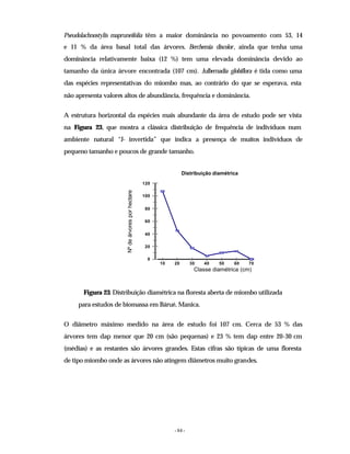 - 84 -
Pseudolachnostylis mapruneifolia têm a maior dominância no povoamento com 53, 14
e 11 % da área basal total das árvores. Berchemia discolor, ainda que tenha uma
dominância relativamente baixa (12 %) tem uma elevada dominância devido ao
tamanho da única árvore encontrada (107 cm). Julbernadia globiflora é tida como uma
das espécies representativas do miombo mas, ao contrário do que se esperava, esta
não apresenta valores altos de abundância, frequência e dominância.
A estrutura horizontal da espécies mais abundante da área de estudo pode ser vista
na Figura 23, que mostra a clássica distribuição de frequência de indivíduos num
ambiente natural “J- invertida” que indica a presença de muitos indivíduos de
pequeno tamanho e poucos de grande tamanho.
0
20
40
60
80
100
120
Nº
de
árvores
por
hectare
10 20 30 40 50 60 70
Classe diamétrica (cm)
Distribuição diamétrica
Figura 23. Distribuição diamétrica na floresta aberta de miombo utilizada
para estudos de biomassa em Báruè, Manica.
O diâmetro máximo medido na área de estudo foi 107 cm. Cerca de 53 % das
árvores tem dap menor que 20 cm (são pequenas) e 23 % tem dap entre 20-30 cm
(médias) e as restantes são árvores grandes. Estas cifras são típicas de uma floresta
de tipo miombo onde as árvores não atingem diâmetros muito grandes.
 