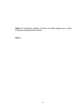- 85 -
Tabela 11. Características ecológicas da floresta de miombo utilizada para o estudo
de biomassa no Distrito de Bárué, Manica.
Anexo 1
 